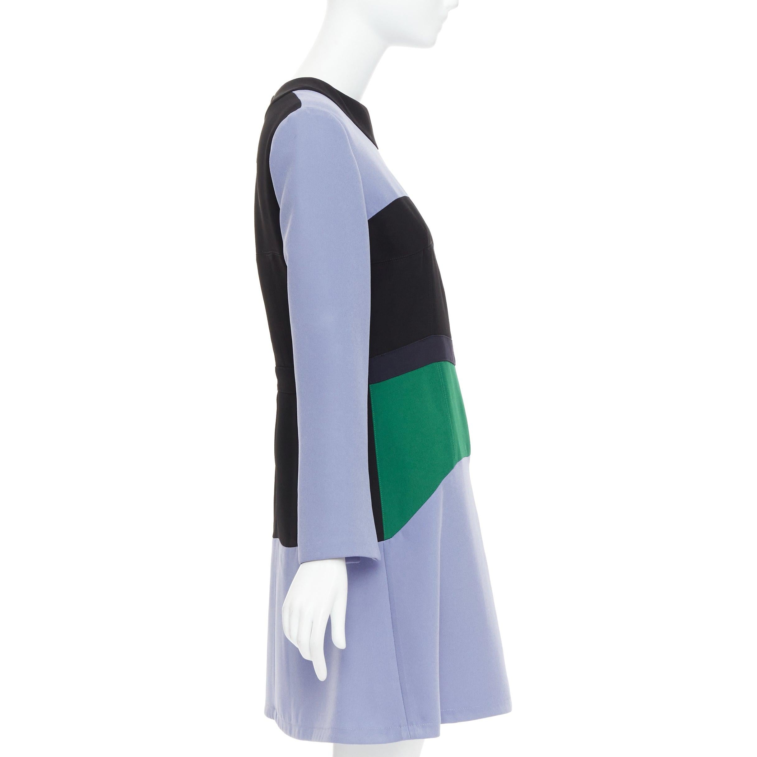 MARNI purple green black colorblocked fit flare long sleeve mini dress IT42 M In Good Condition For Sale In Hong Kong, NT