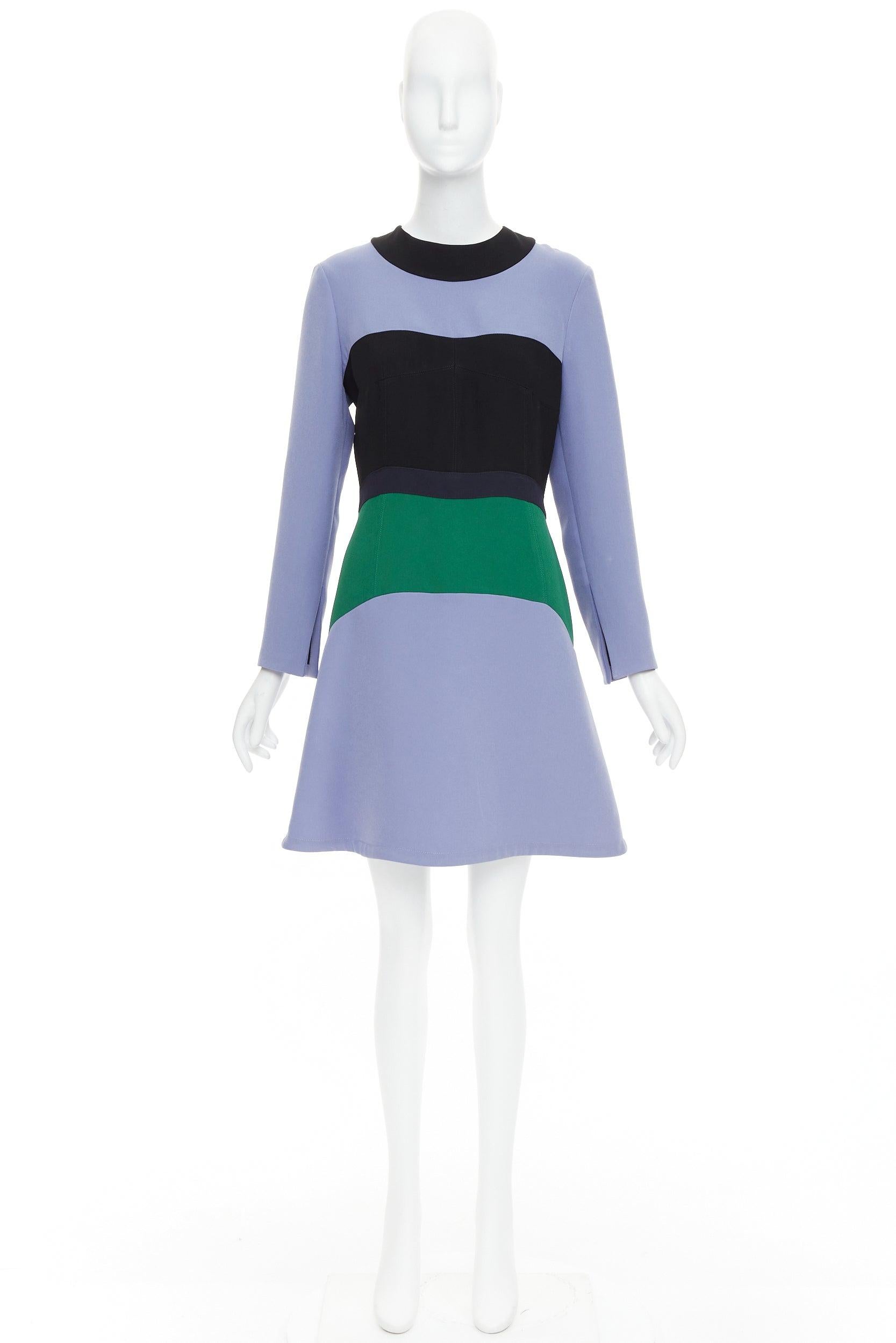 MARNI purple green black colorblocked fit flare long sleeve mini dress IT42 M For Sale 4