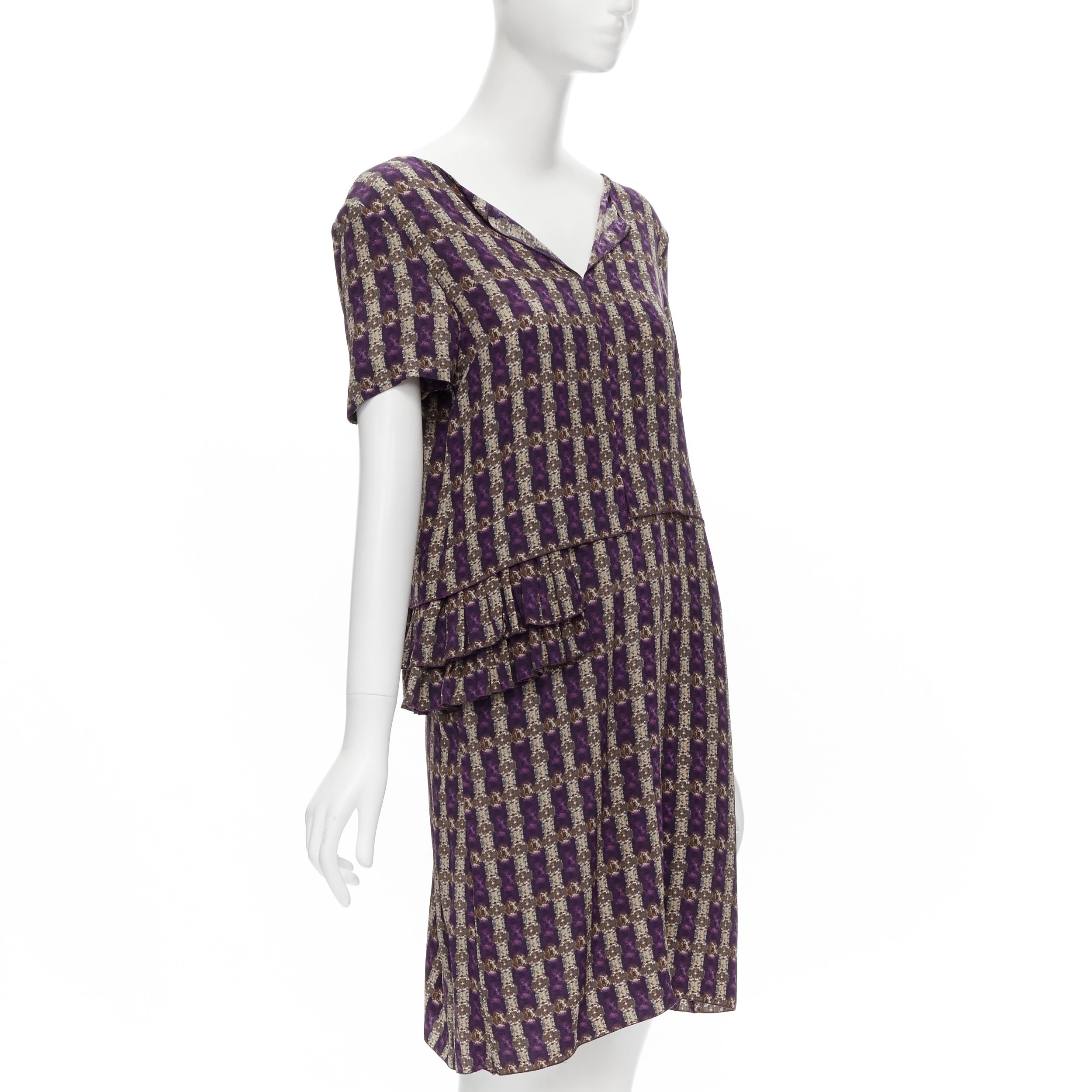 Black MARNI purple jewel print tier ruffle waist sheath dress IT38 XS For Sale