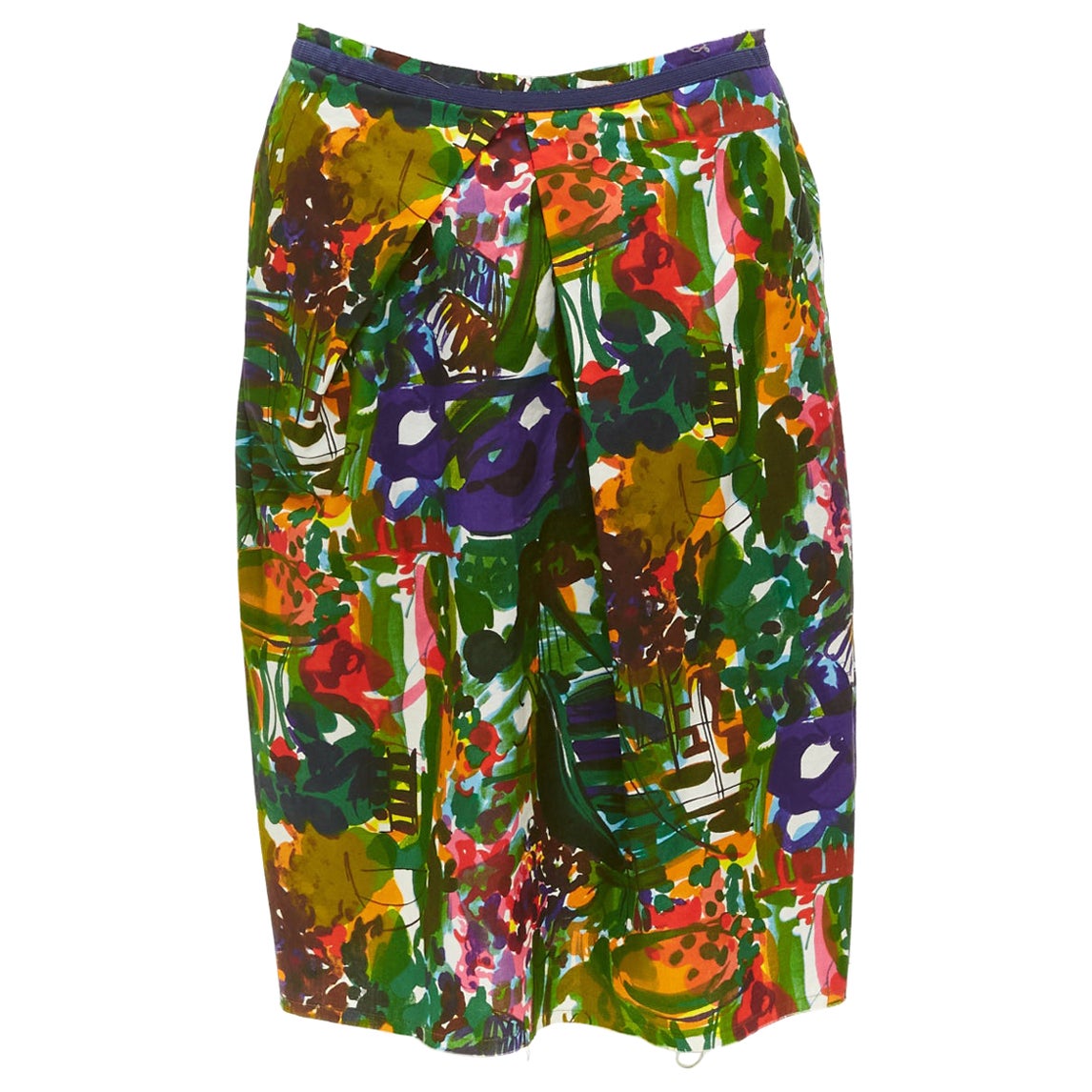 MARNI purple multicolor floral cotton inverted pleat front knee skirt IT38 XS For Sale