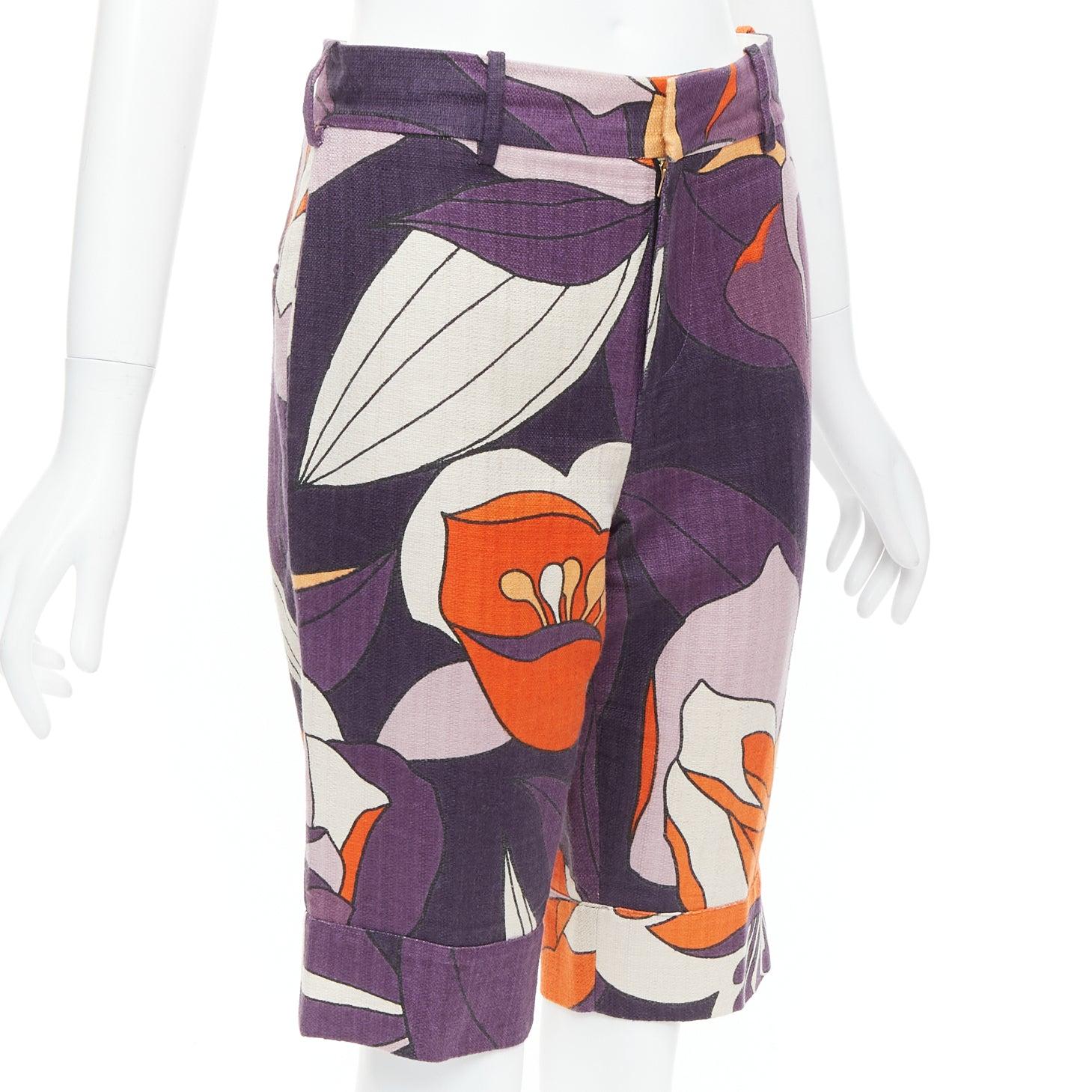 Gray MARNI purple orange floral 80s print bermuda capri shorts IT38 S For Sale