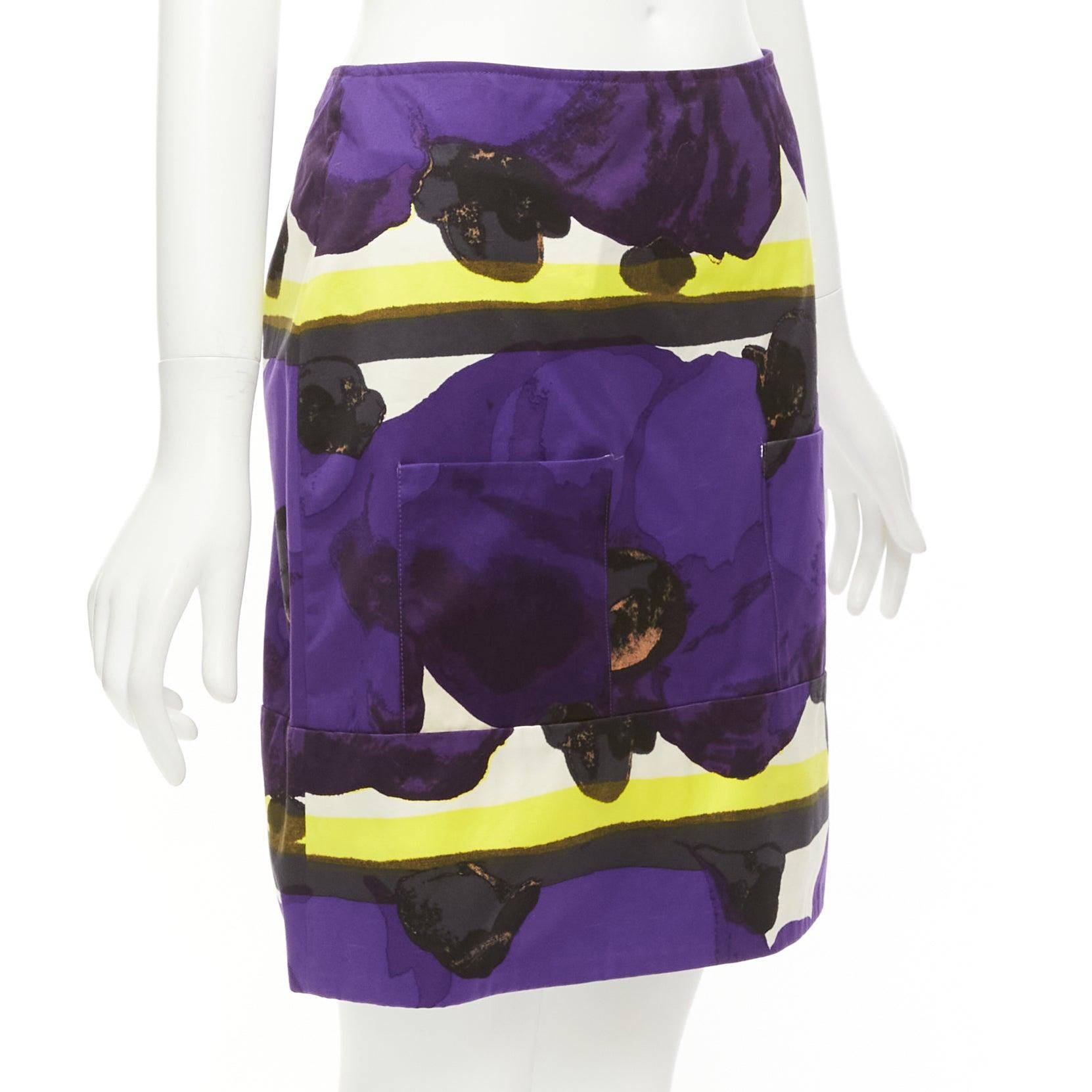 MARNI purple yellow orchid floral print cotton high waist mini skirt IT38 XS In Excellent Condition For Sale In Hong Kong, NT