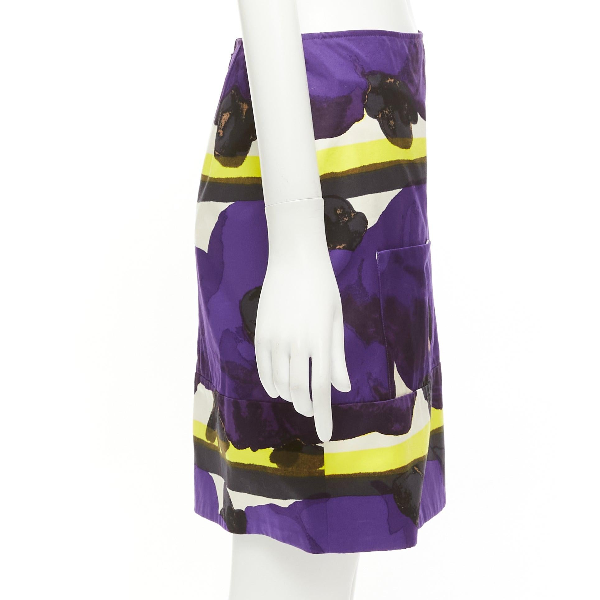MARNI purple yellow orchid floral print cotton high waist mini skirt IT38 XS In Excellent Condition For Sale In Hong Kong, NT