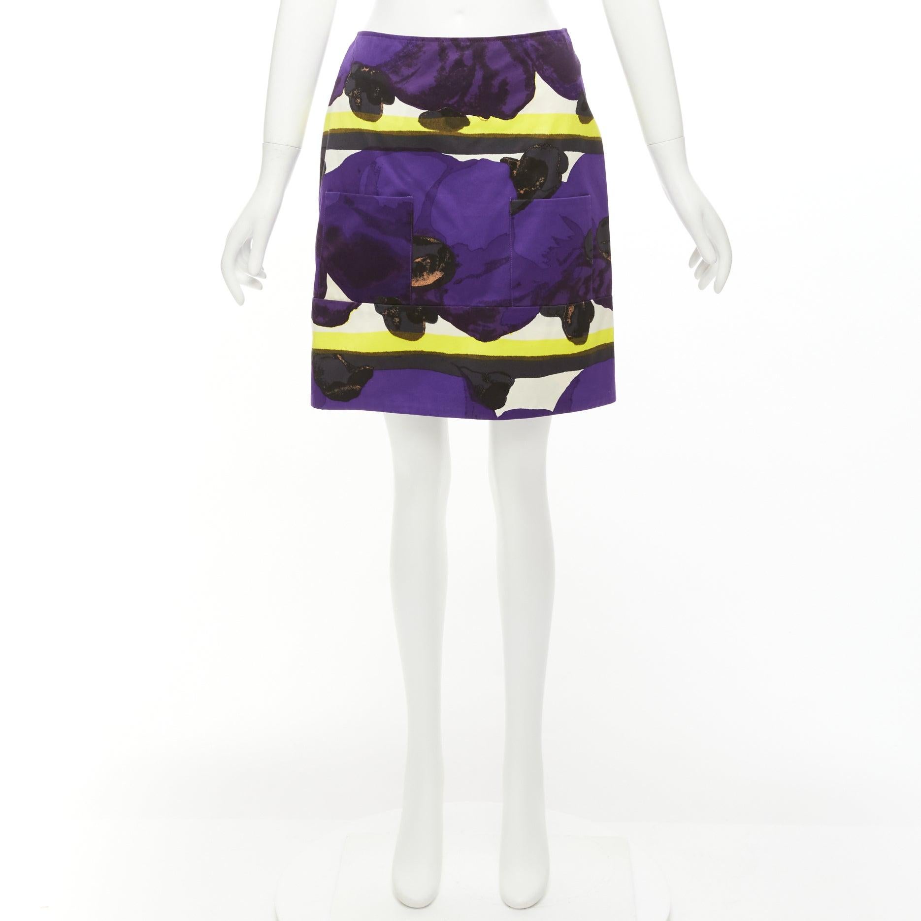 MARNI purple yellow orchid floral print cotton high waist mini skirt IT38 XS For Sale 4