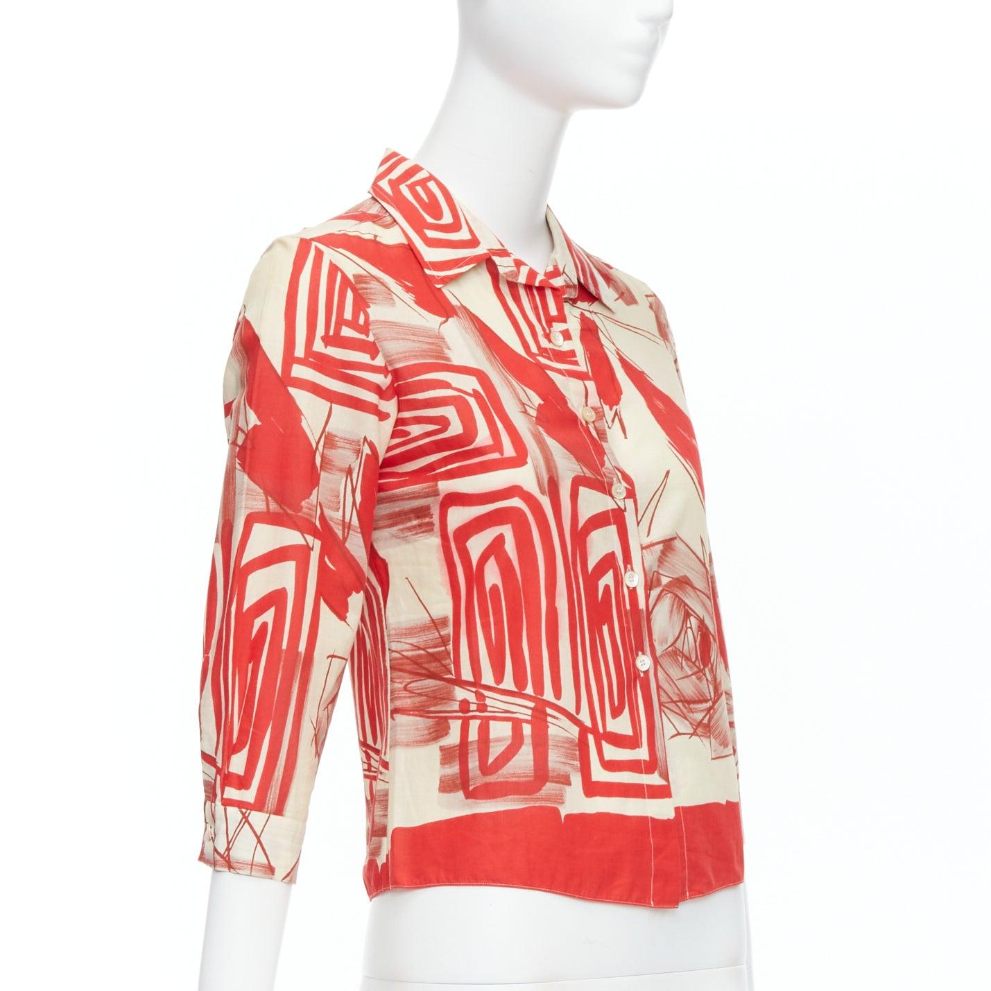 Beige MARNI red beige 100% cotton abstract floral print crop shirt IT38 XS For Sale