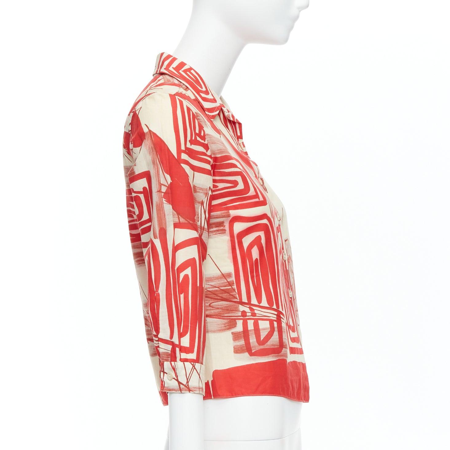 MARNI red beige 100% cotton abstract floral print crop shirt IT38 XS In Good Condition For Sale In Hong Kong, NT