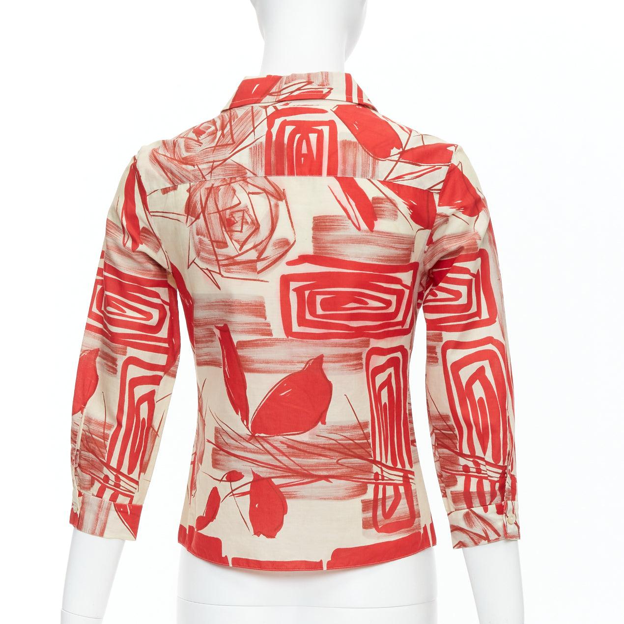 Women's MARNI red beige 100% cotton abstract floral print crop shirt IT38 XS For Sale