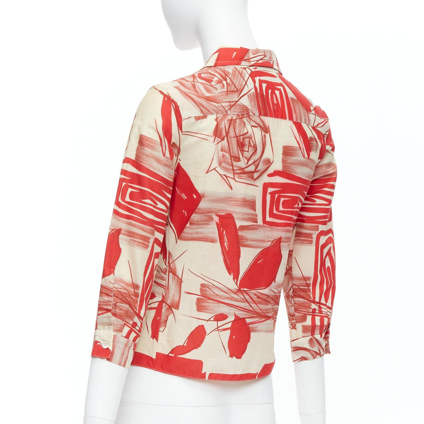 MARNI red beige 100% cotton abstract floral print crop shirt IT38 XS For Sale 1