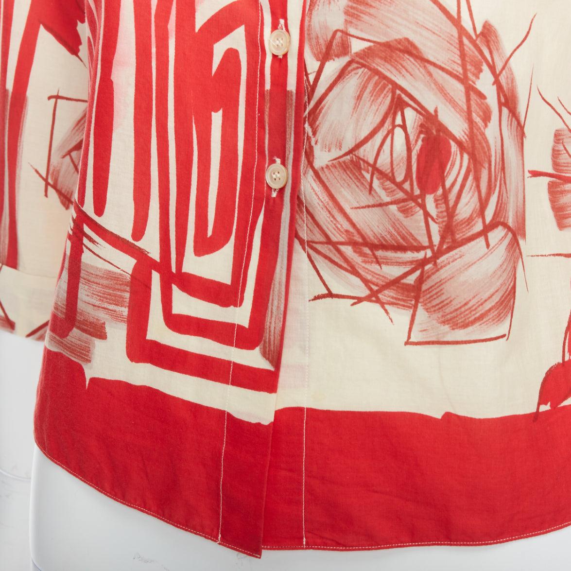 MARNI red beige 100% cotton abstract floral print crop shirt IT38 XS For Sale 2