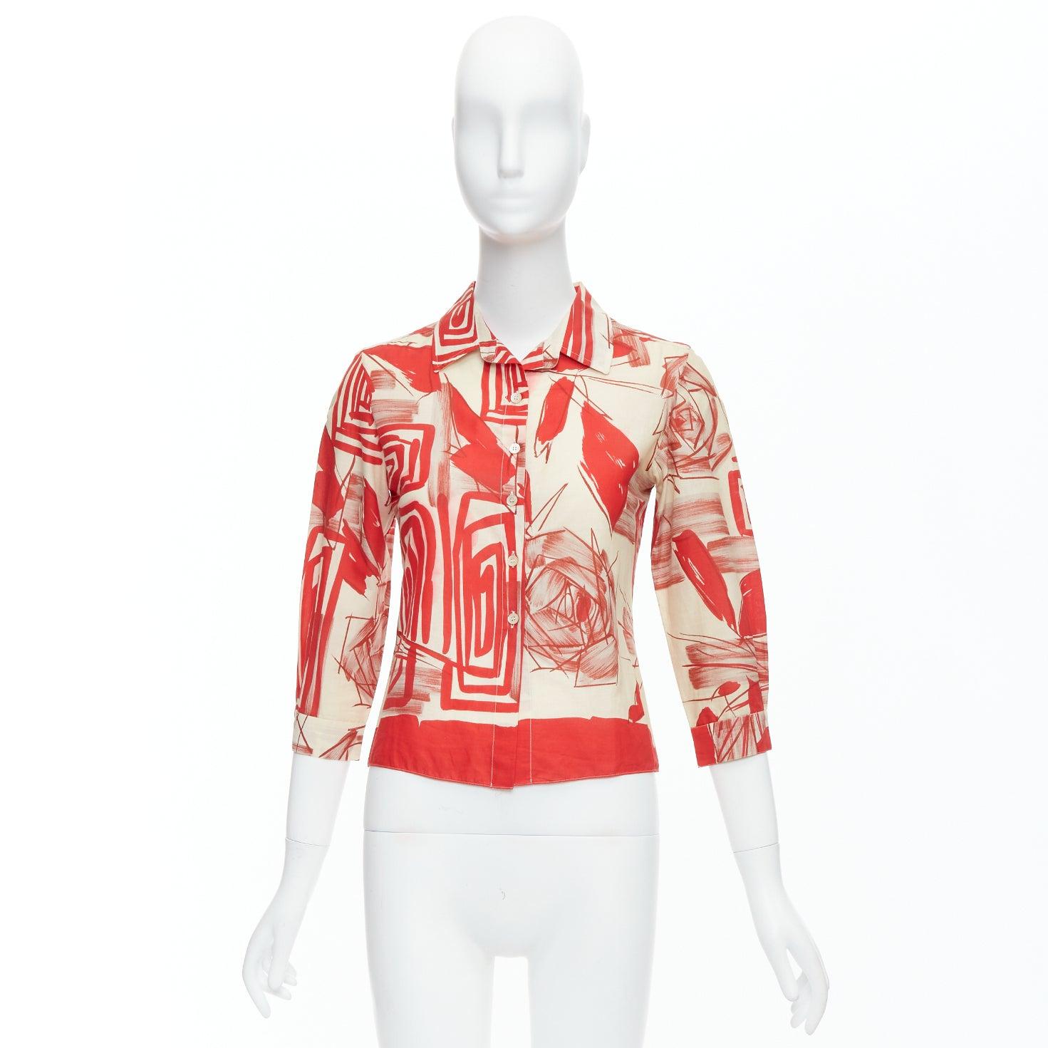 MARNI red beige 100% cotton abstract floral print crop shirt IT38 XS For Sale 4