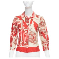 MARNI red beige 100% cotton abstract floral print crop shirt IT38 XS