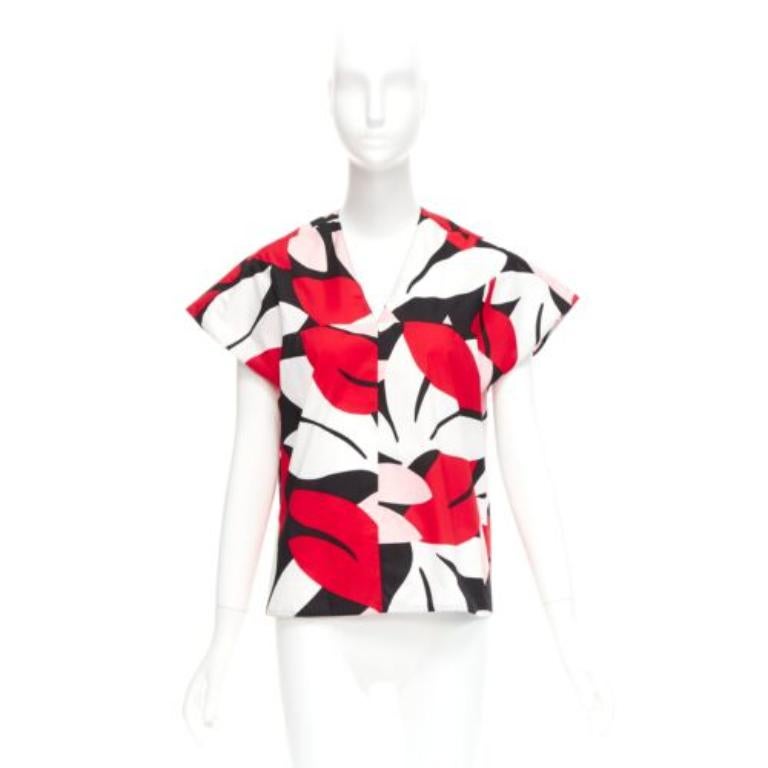 MARNI rouge noir blanc 100% coton imprimé géométrique top boxy à manches capuchon IT38 XS en vente 4