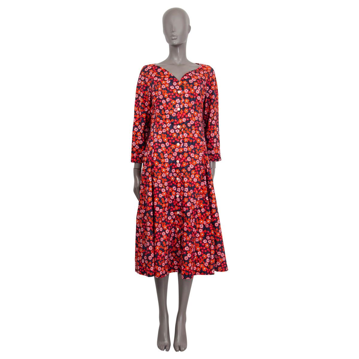 100% authentic Marni midi poplin dress in red, black, navy, black and orange cotton (100%). Resort 2021 collection. Marni is renowned for throwback printwork for more many reasons – with this red-and-orange floral dress being just one. Made in Italy