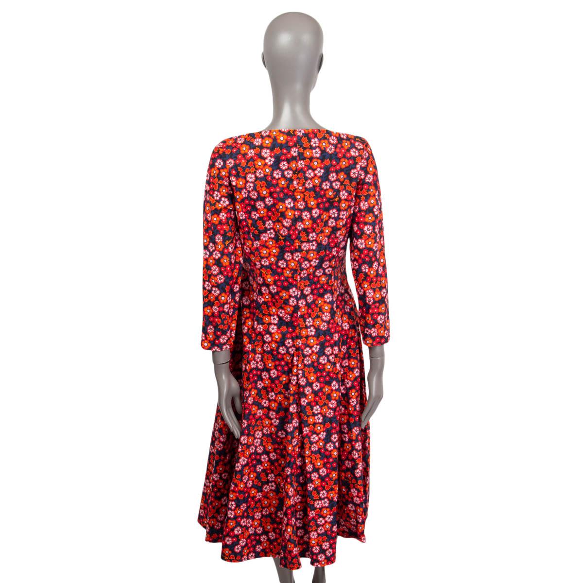 Brown MARNI red & blue cotton 2021 FLORAL SWEETHEART POPLIN MIDI Dress 44 L For Sale