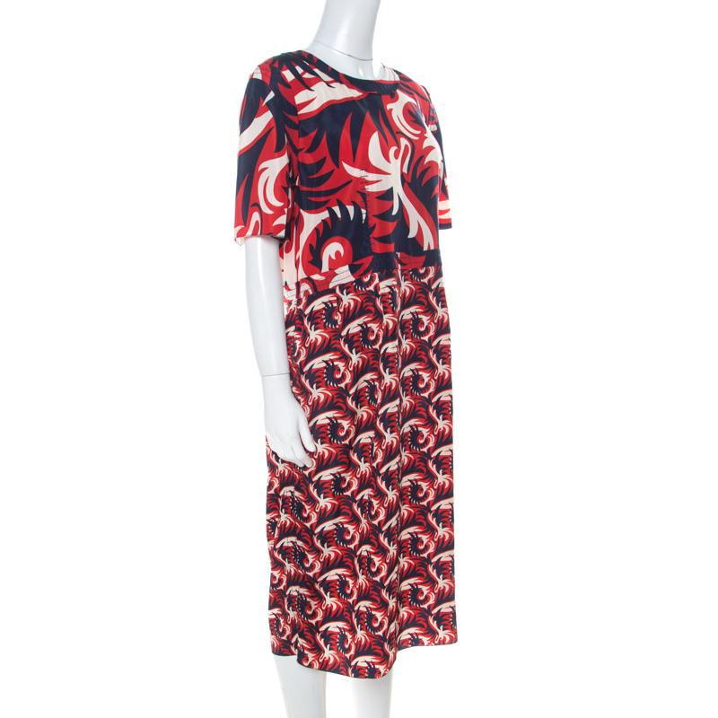 Brown Marni Red & Blue Mixed Print Silk Blend Short Sleeve Dress M
