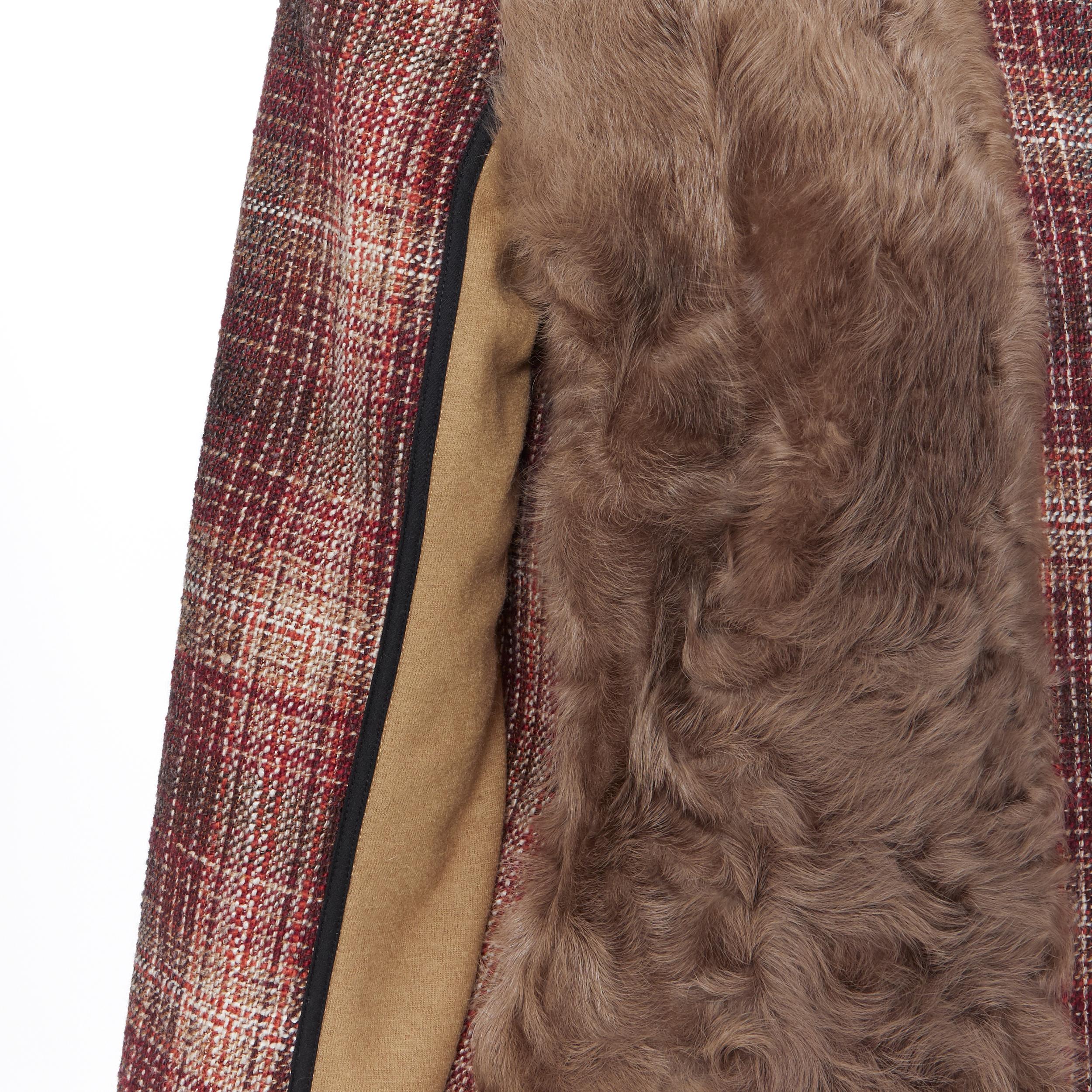 MARNI red checked wool tweed shearling fur panel colorblocked sleeve coat IT40 3