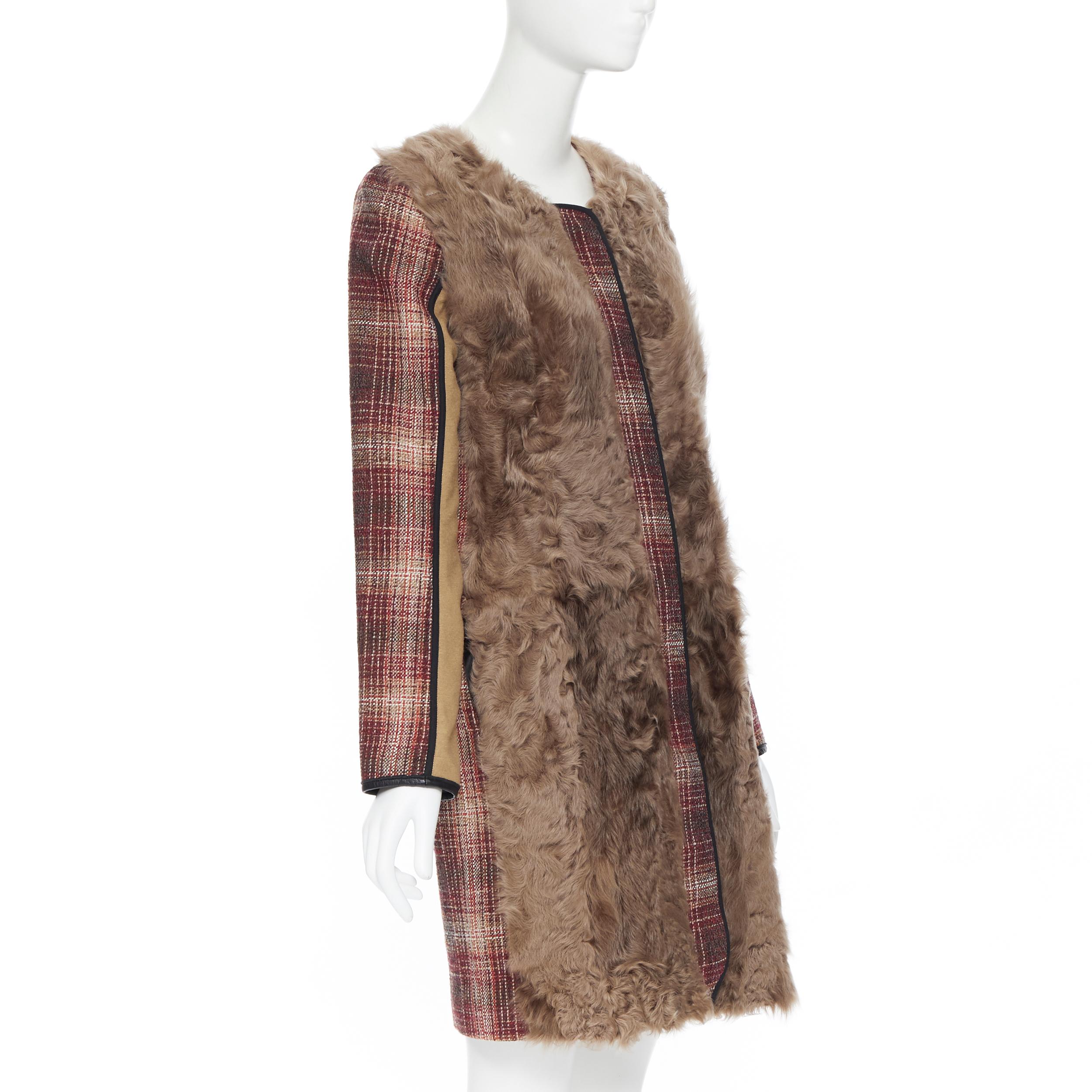 Brown MARNI red checked wool tweed shearling fur panel colorblocked sleeve coat IT40