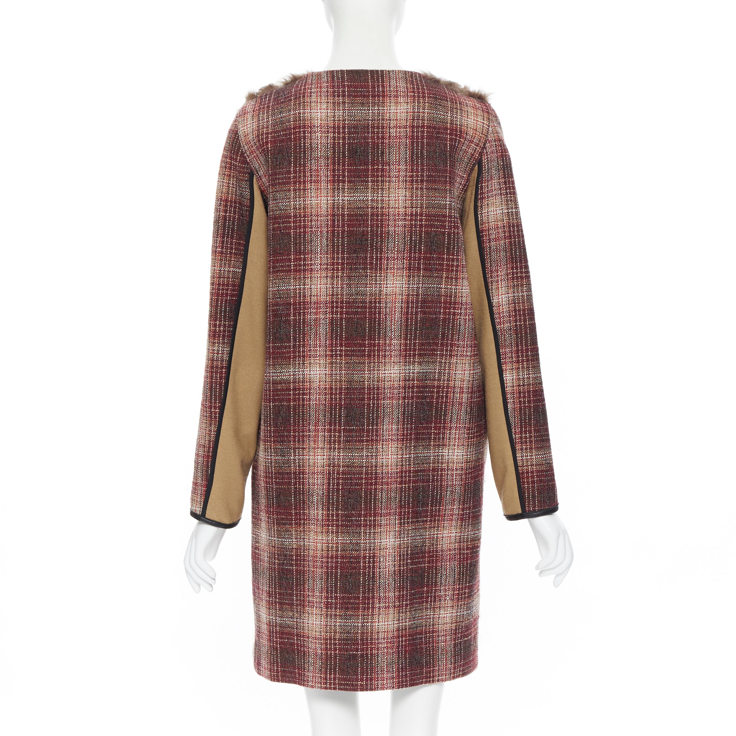 Women's MARNI red checked wool tweed shearling fur panel colorblocked sleeve coat IT40