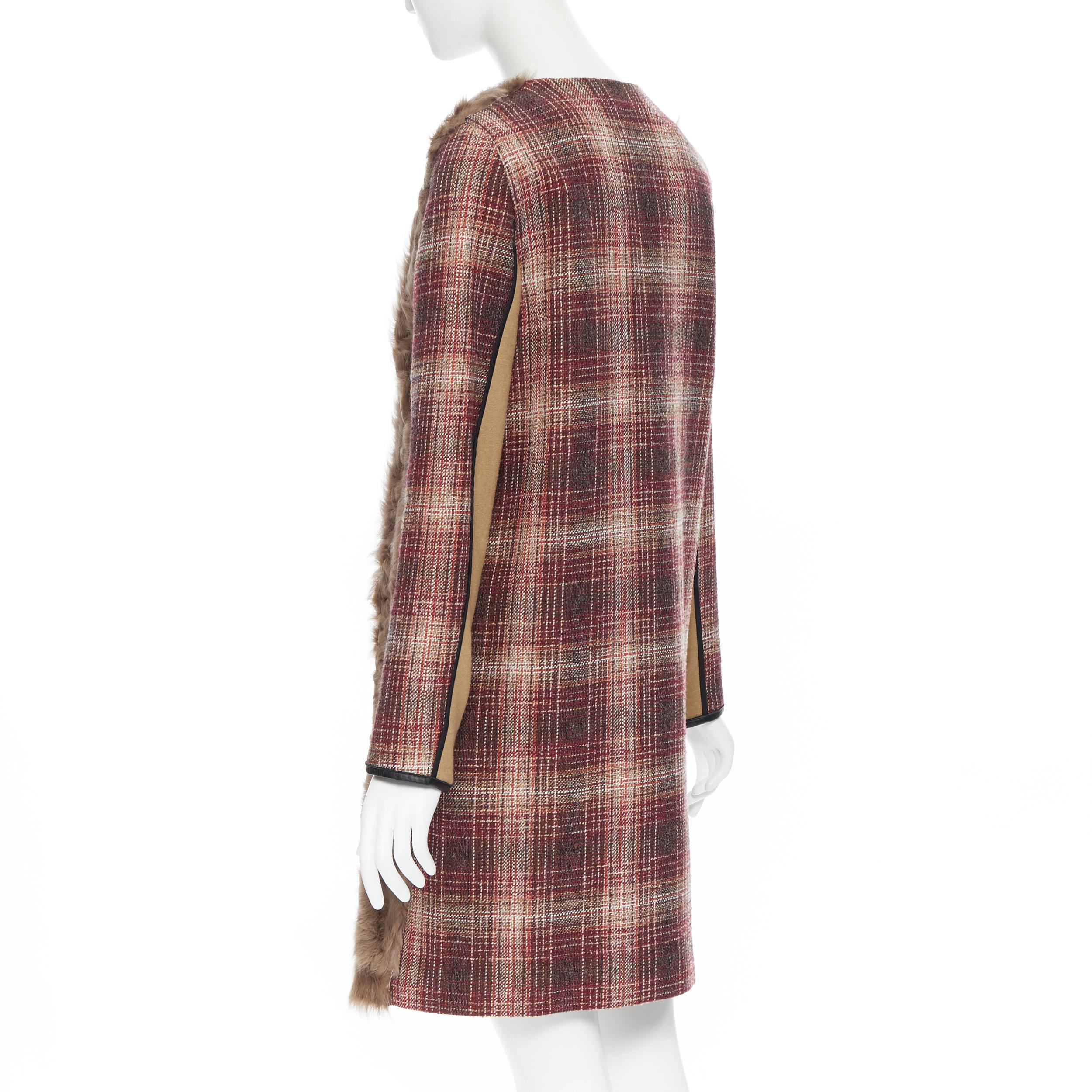 MARNI red checked wool tweed shearling fur panel colorblocked sleeve coat IT40 1
