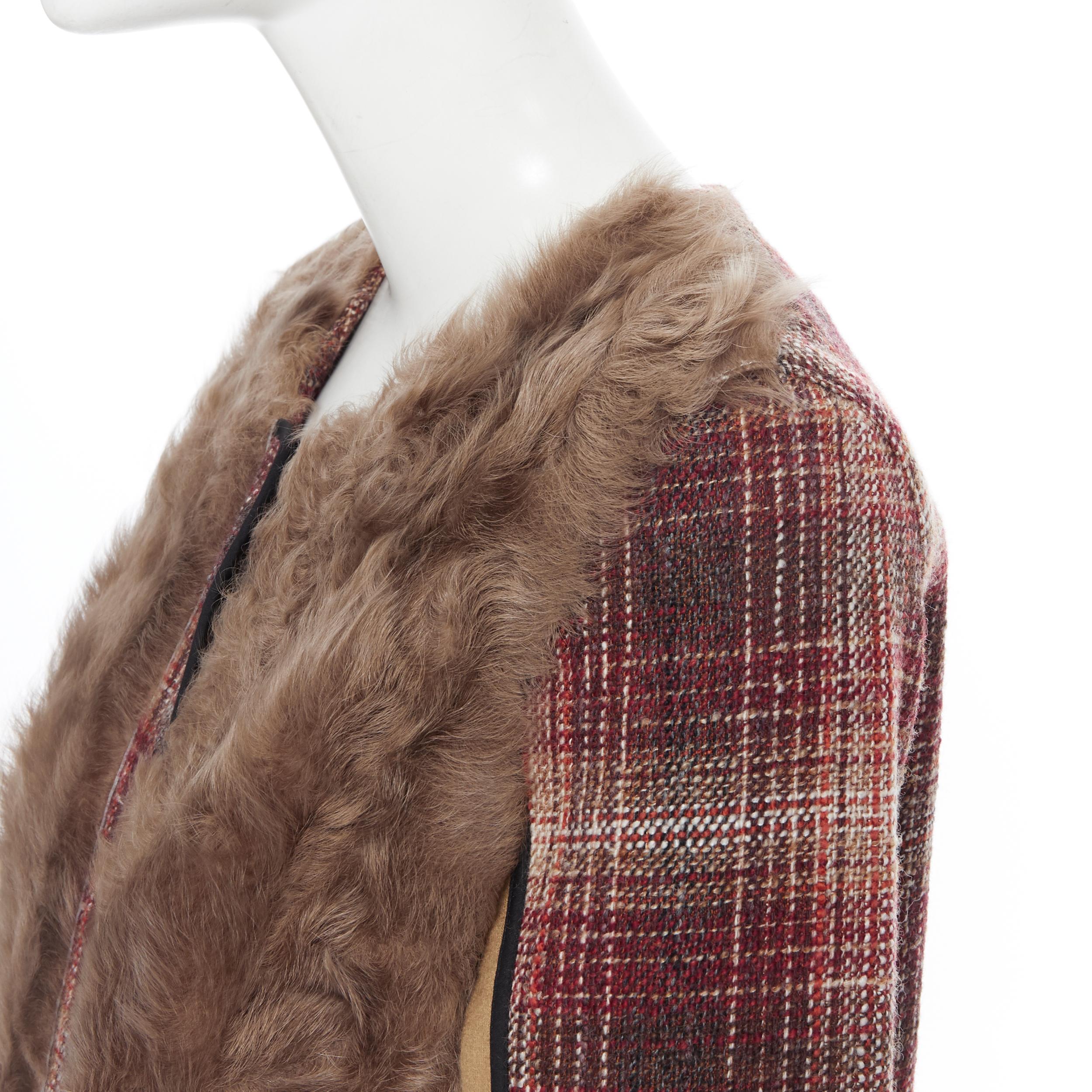 MARNI red checked wool tweed shearling fur panel colorblocked sleeve coat IT40 2
