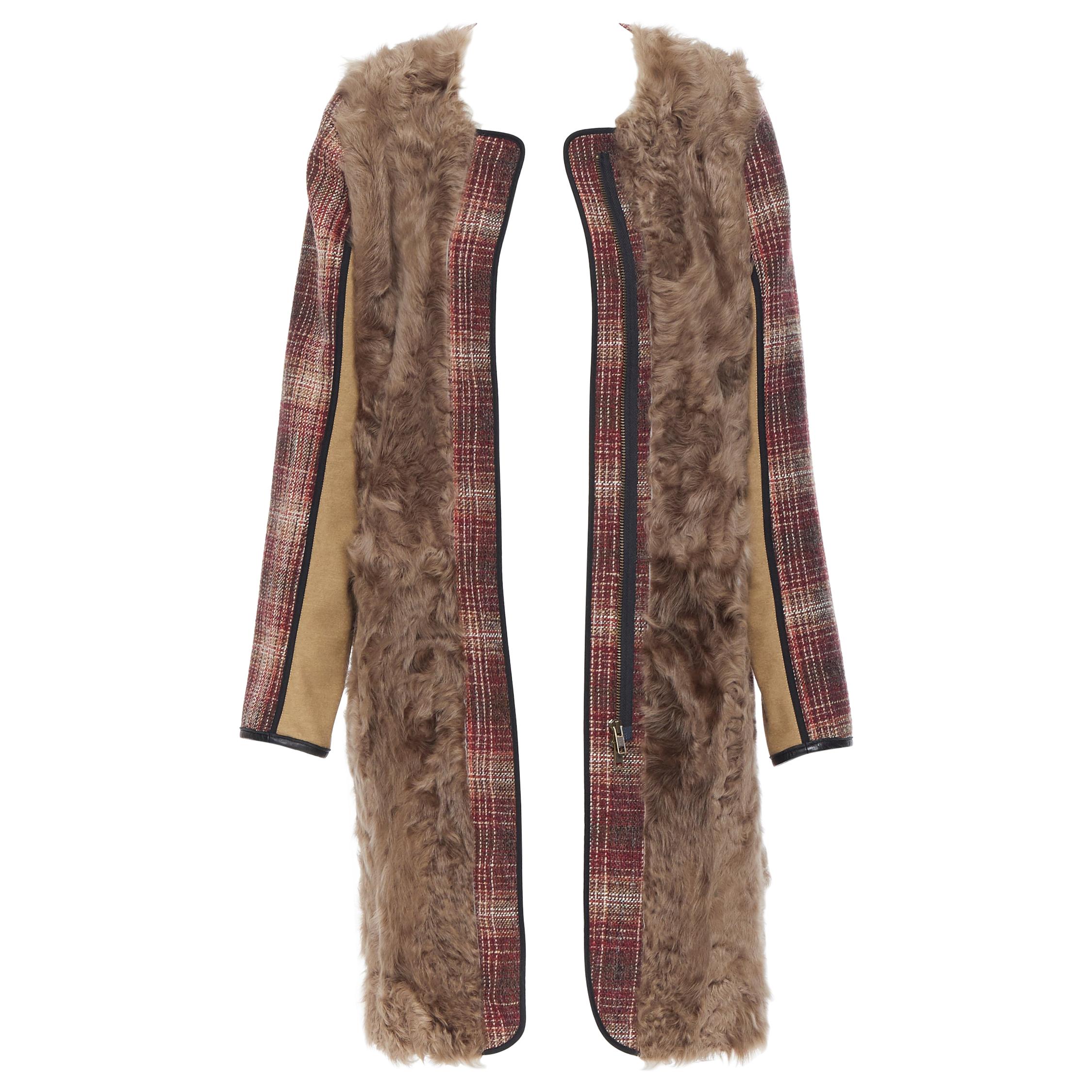 MARNI red checked wool tweed shearling fur panel colorblocked sleeve coat IT40