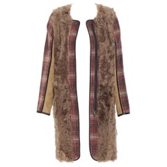 MARNI red checked wool tweed shearling fur panel colorblocked sleeve coat IT40