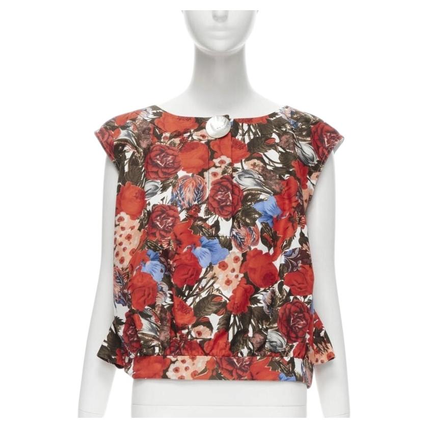 Pre-owned Marni Red Floral Cotton Shell Button Sleeveless Boxy Bubble Vest Top It38 Xs