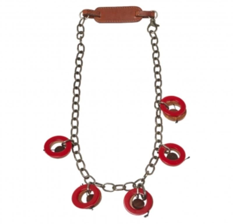 Marni Red Resin and Wood Leather Tag Necklace For Sale 1