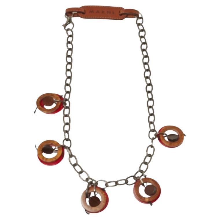 Marni Red Resin and Wood Leather Tag Necklace For Sale