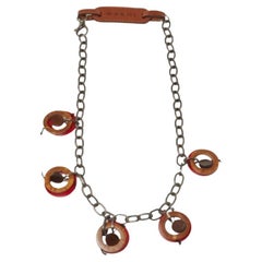 Marni Red Resin and Wood Leather Tag Necklace