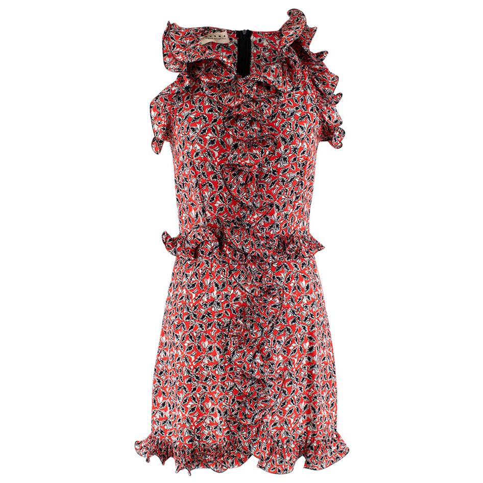 Marni Red with Floral Pattern Ruffle Trim Dress 38 For Sale