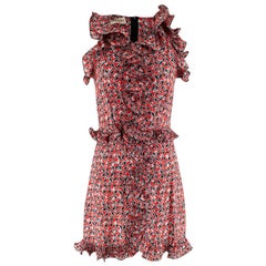 Marni Red with Floral Pattern Ruffle Trim Dress 38