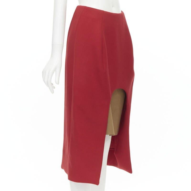 Rosso MARNI gonna midi in lana rossa con fodera in seta marrone e orlo curvo IT40 S in vendita