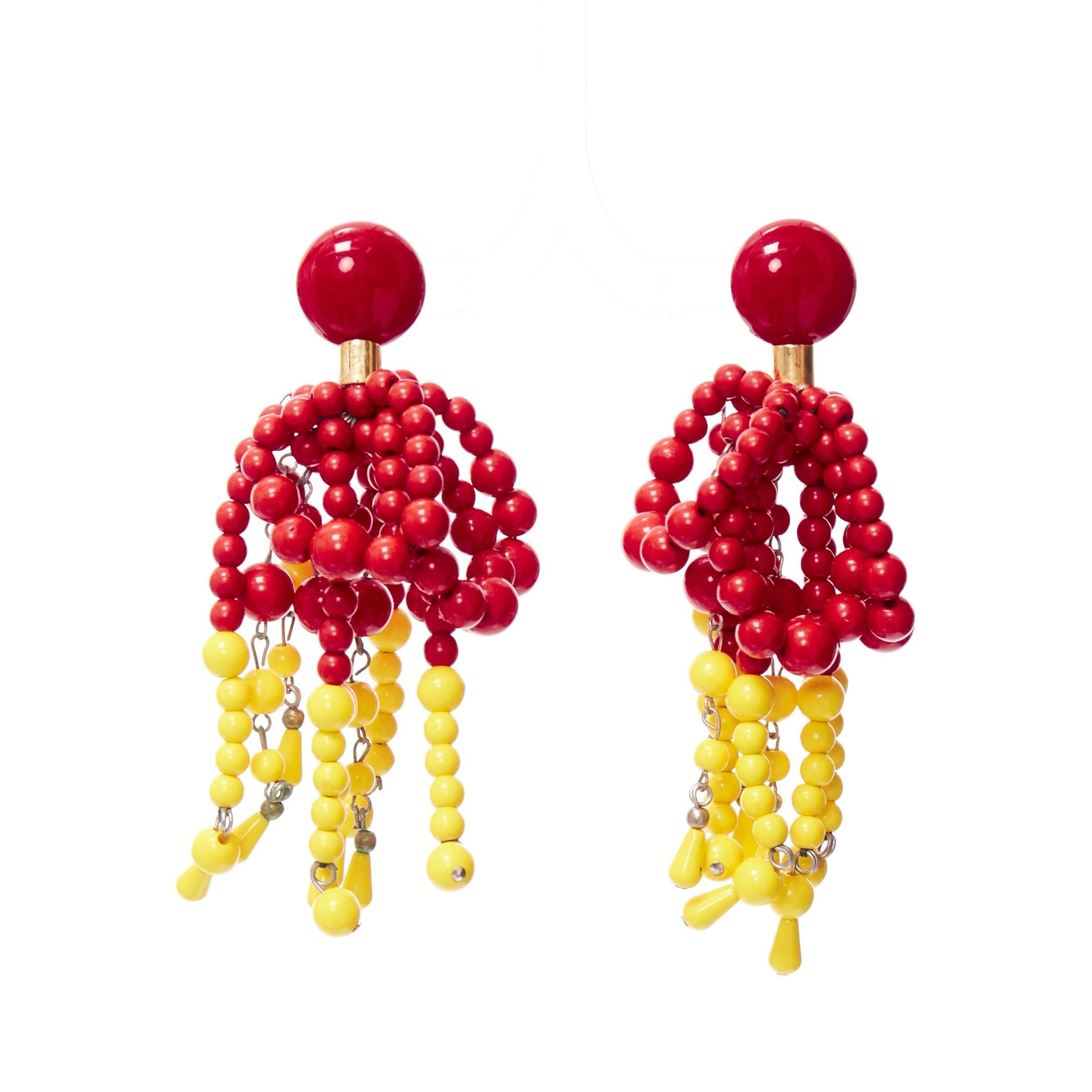 MARNI red yellow acrylic beads chandelier statement clip on earrings
Reference: AAWC/A01227
Brand: Marni
Material: Acrylic
Color: Yellow, Red
Pattern: Solid
Closure: Clip On
Lining: Gold Metal

CONDITION:
Condition: Very good, this item was