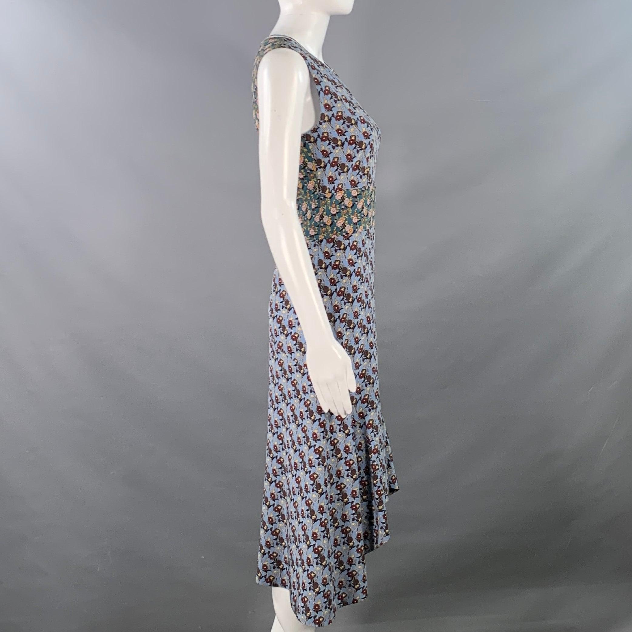 Gray MARNI Size 0 Blue Multi Color Silk Floral Sleeveless Midi Dress For Sale