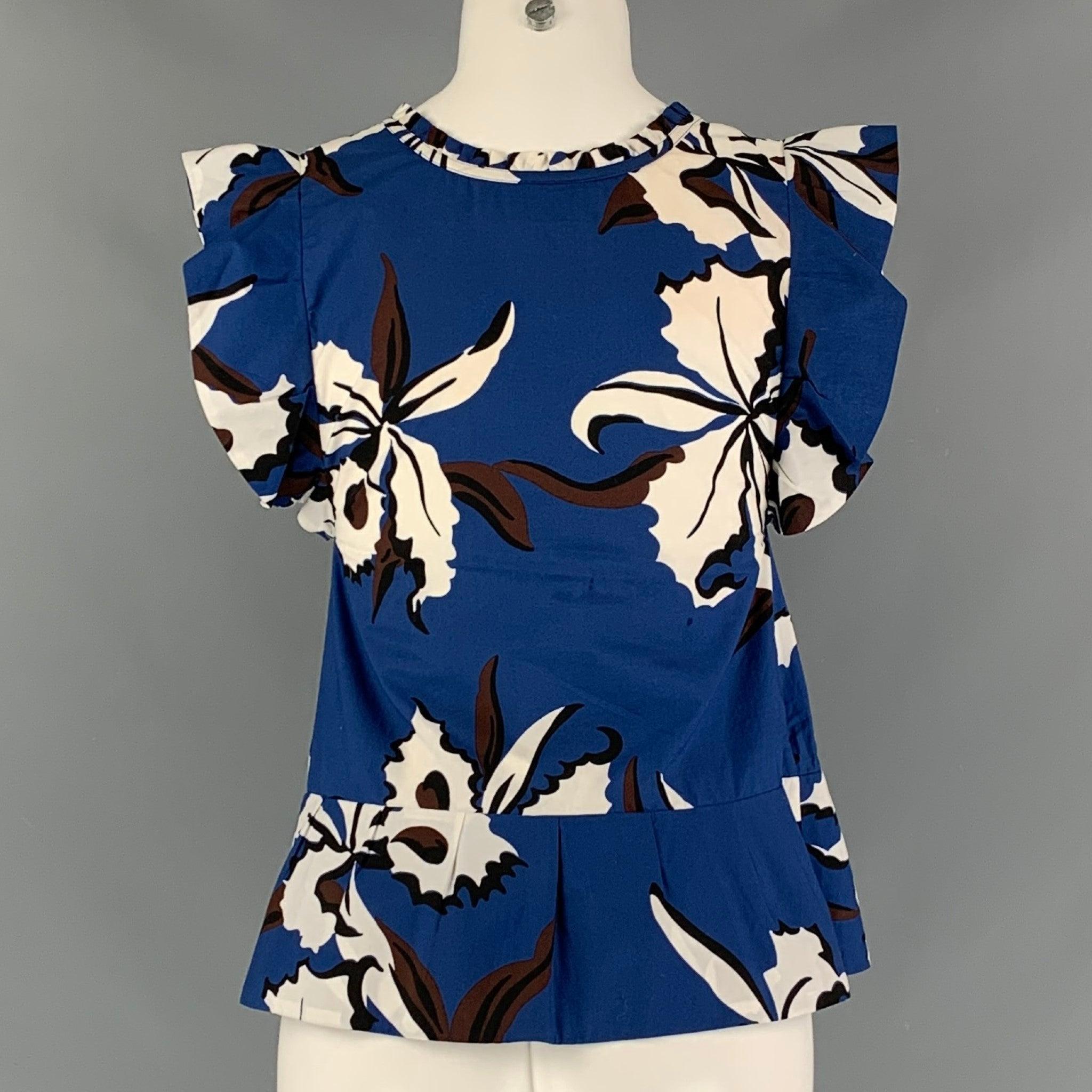 MARNI Size 0 Blue &  White Cotton Floral Sleeveless Blouse In Excellent Condition For Sale In San Francisco, CA