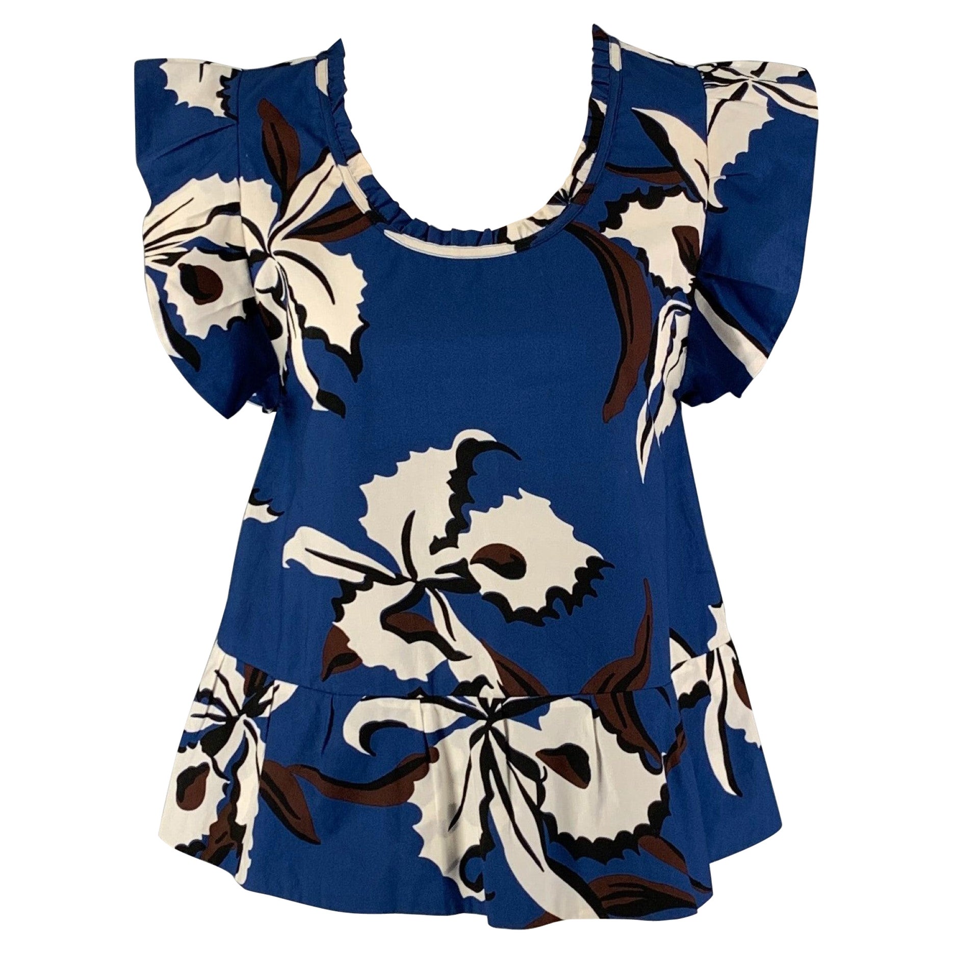 Marni Taglia 0 Blu e  Camicetta senza maniche floreale in cotone bianco
