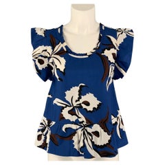 MARNI Size 0 Blue & White Cotton Floral Sleeveless Blouse