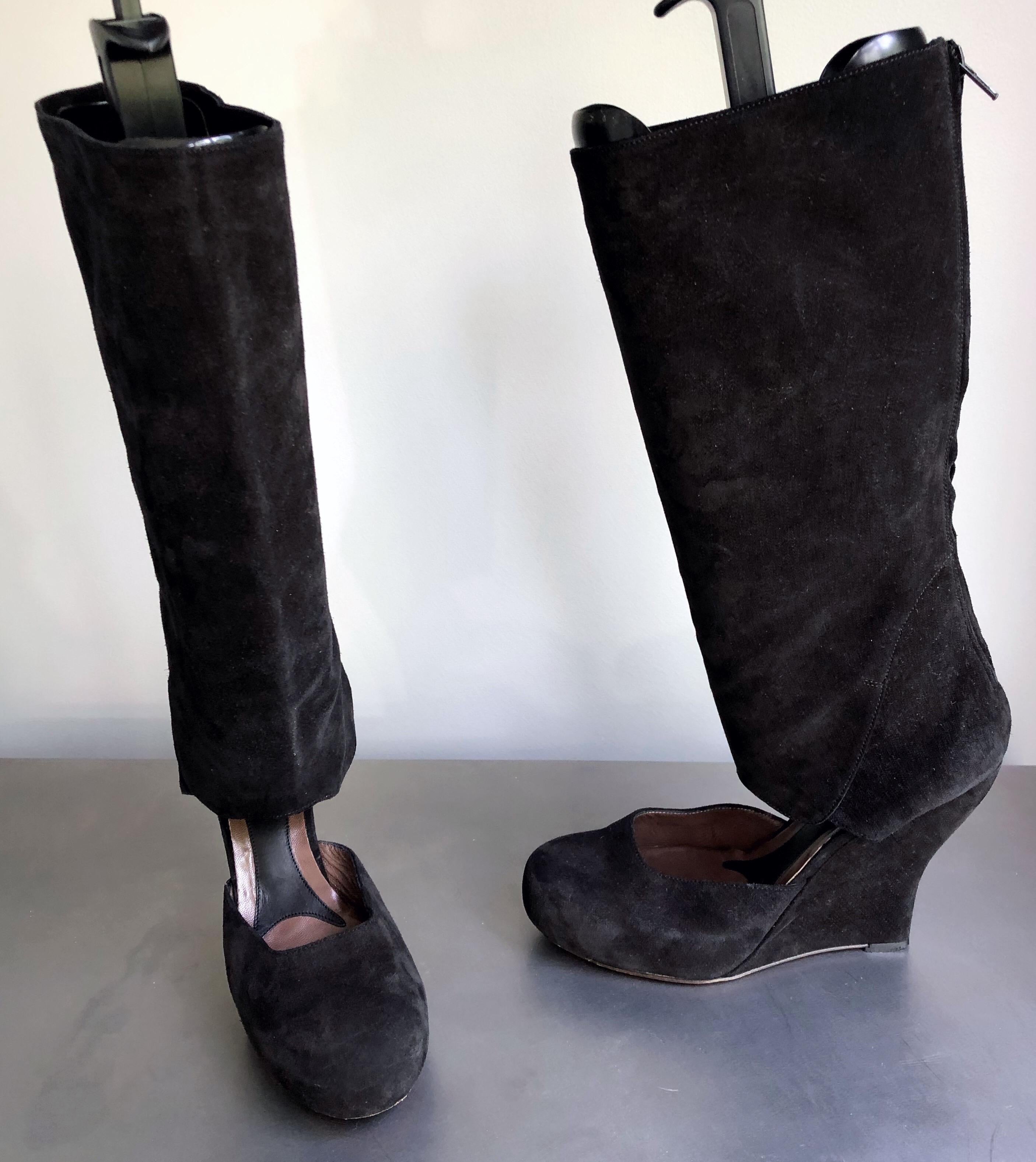Marni Size 10 / 40 Early 2000s Black Suede Cut - Out Knee High Wedges Boots For Sale 3
