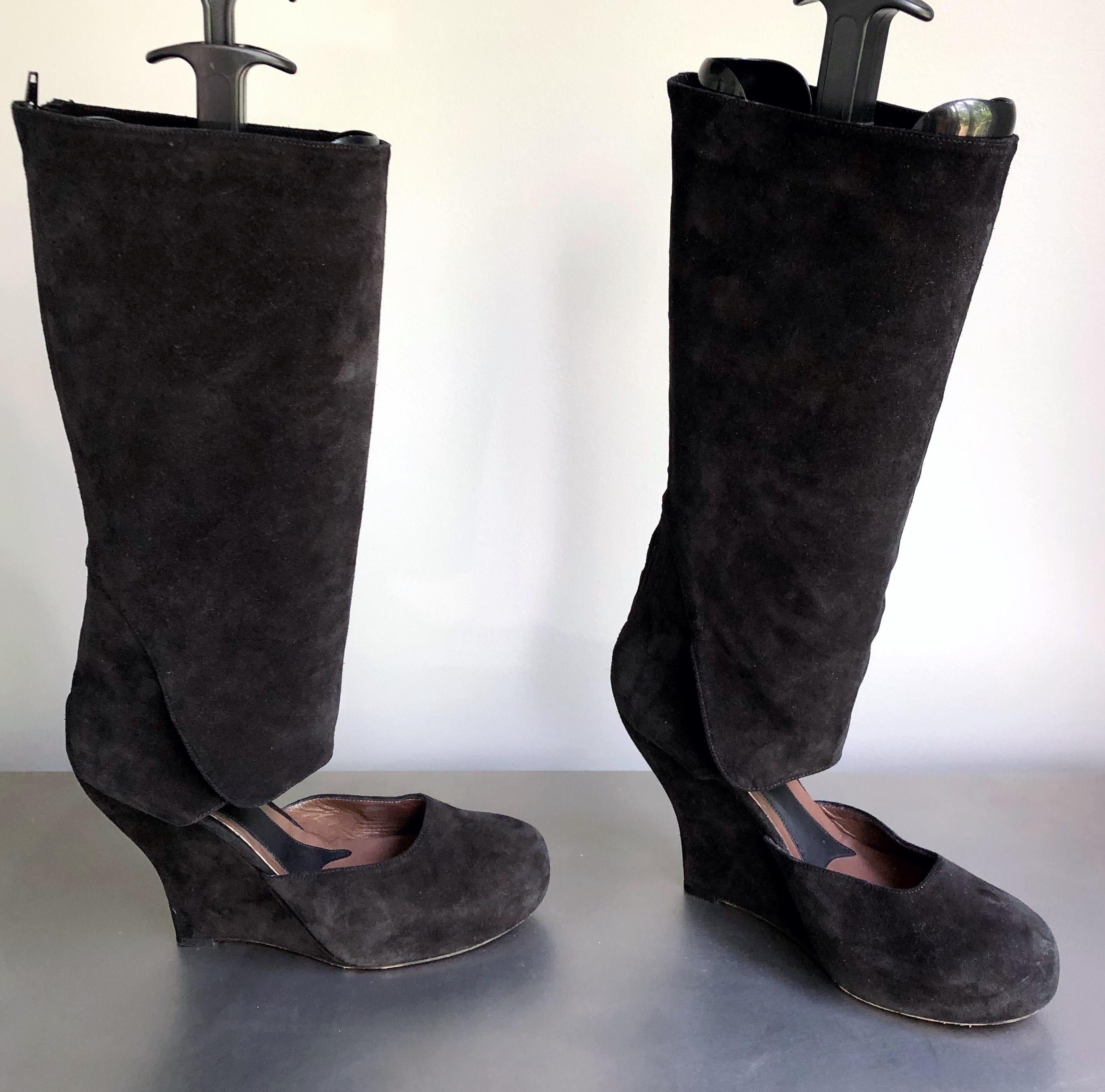 Marni Size 10 / 40 Early 2000s Black Suede Cut - Out Knee High Wedges Boots For Sale 4