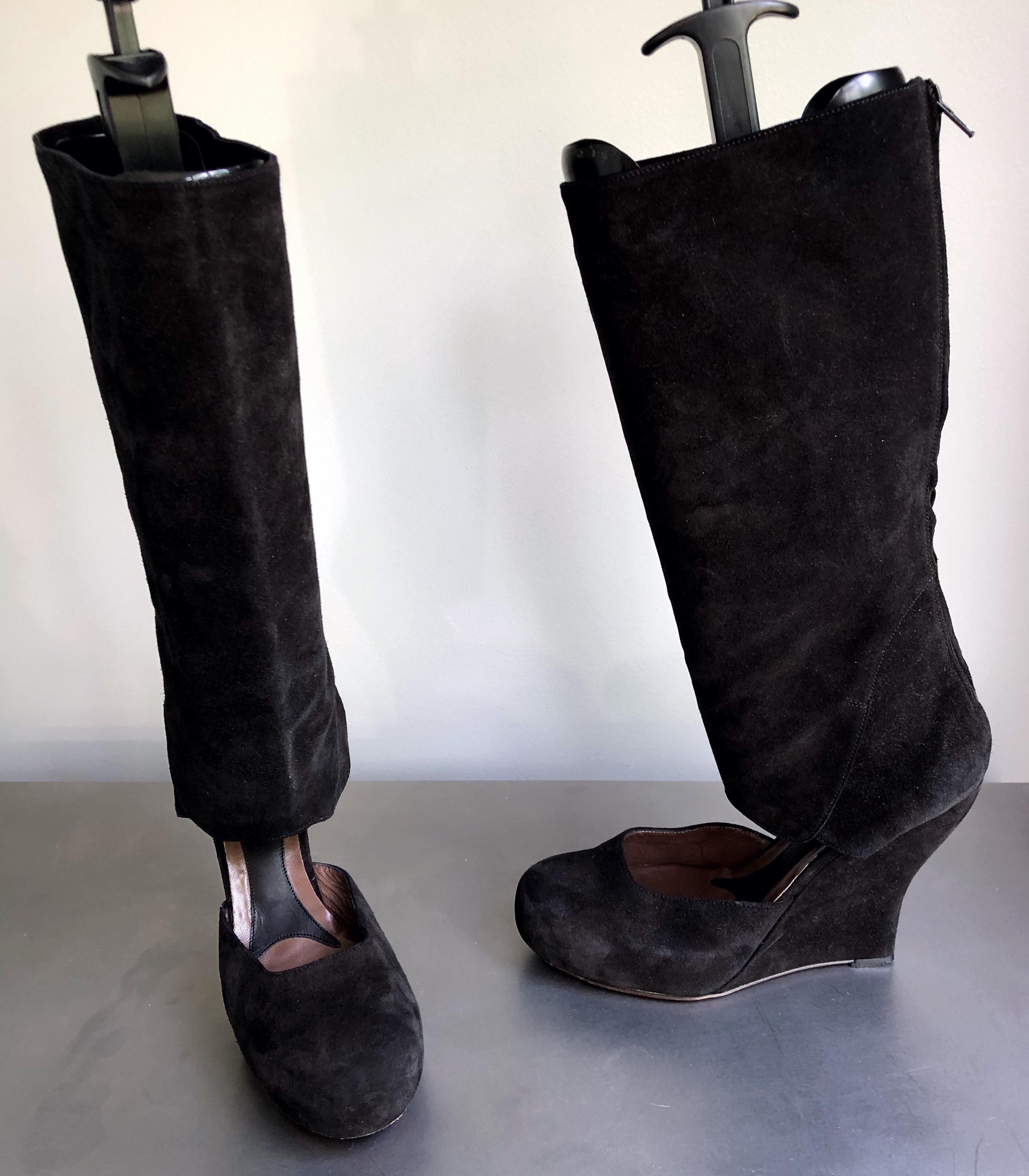 Marni Size 10 / 40 Early 2000s Black Suede Cut - Out Knee High Wedges Boots In Excellent Condition For Sale In San Diego, CA