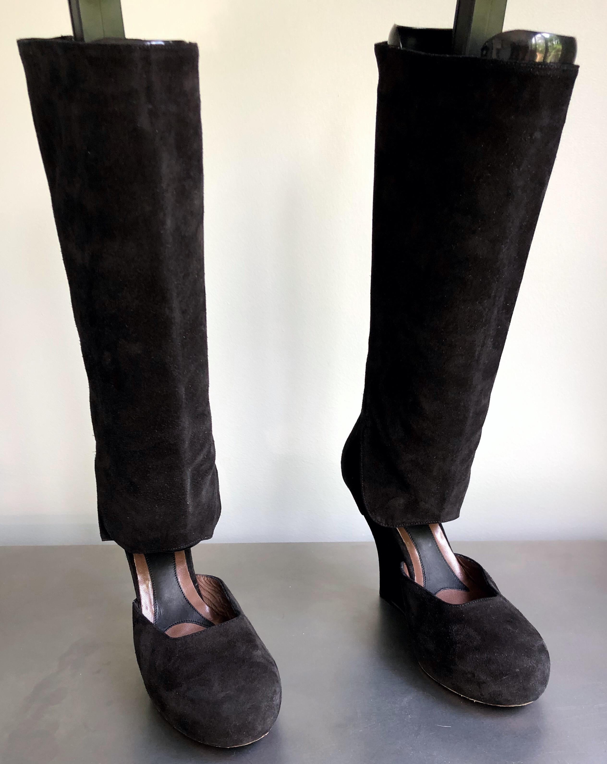 Women's Marni Size 10 / 40 Early 2000s Black Suede Cut - Out Knee High Wedges Boots For Sale