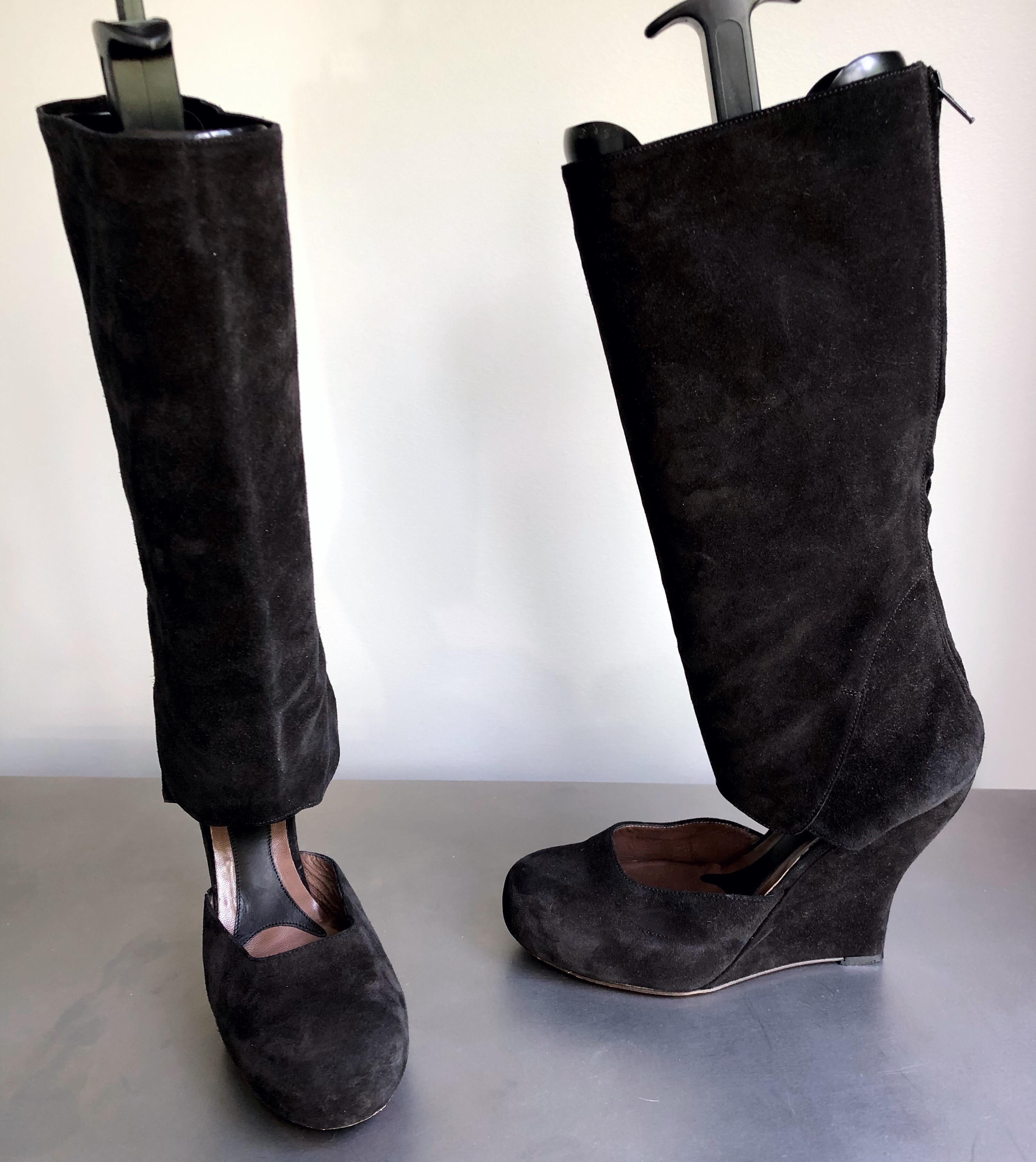 Marni Size 10 / 40 Early 2000s Black Suede Cut - Out Knee High Wedges Boots For Sale 1
