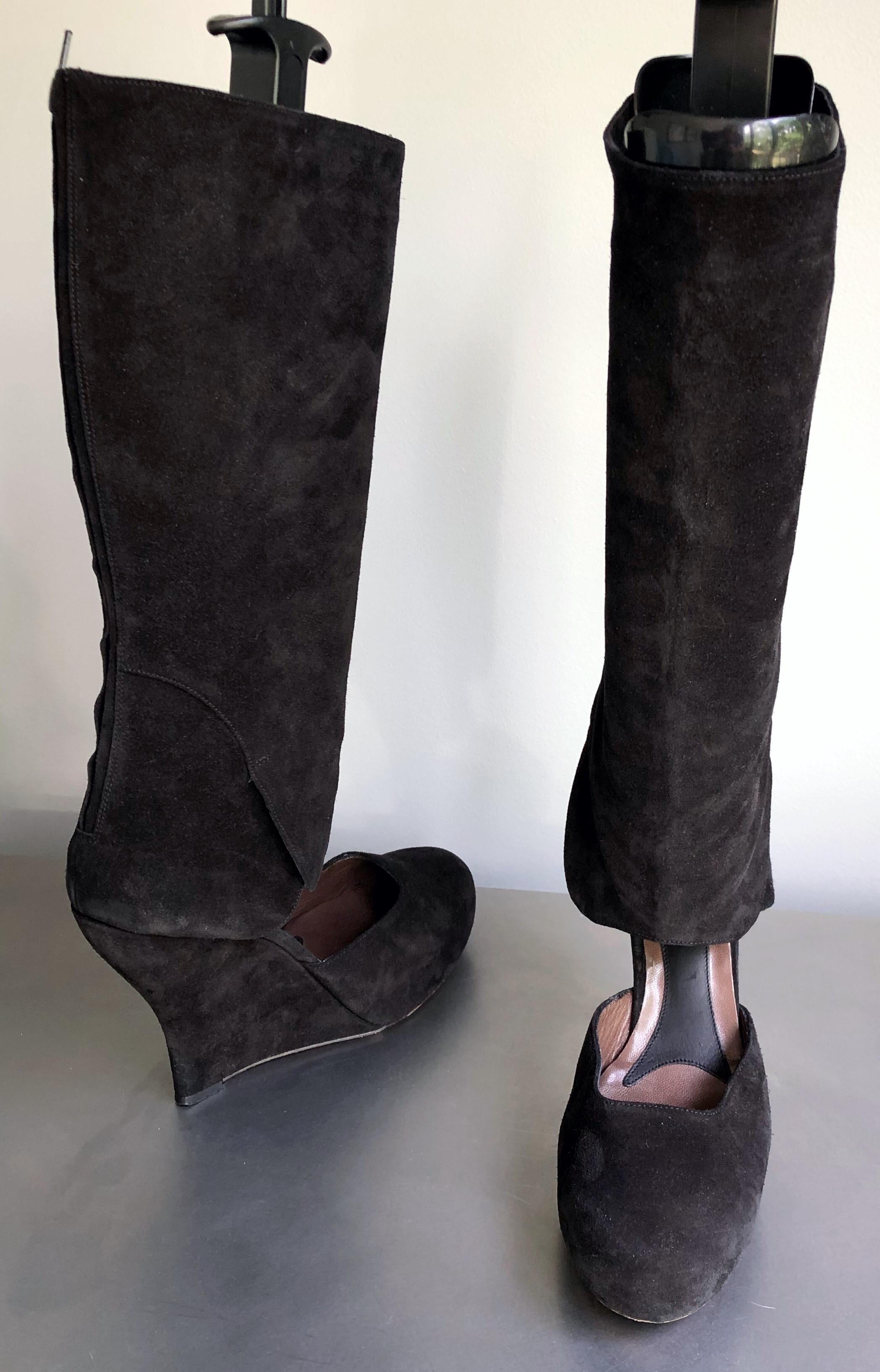 Marni Size 10 / 40 Early 2000s Black Suede Cut - Out Knee High Wedges Boots For Sale 2