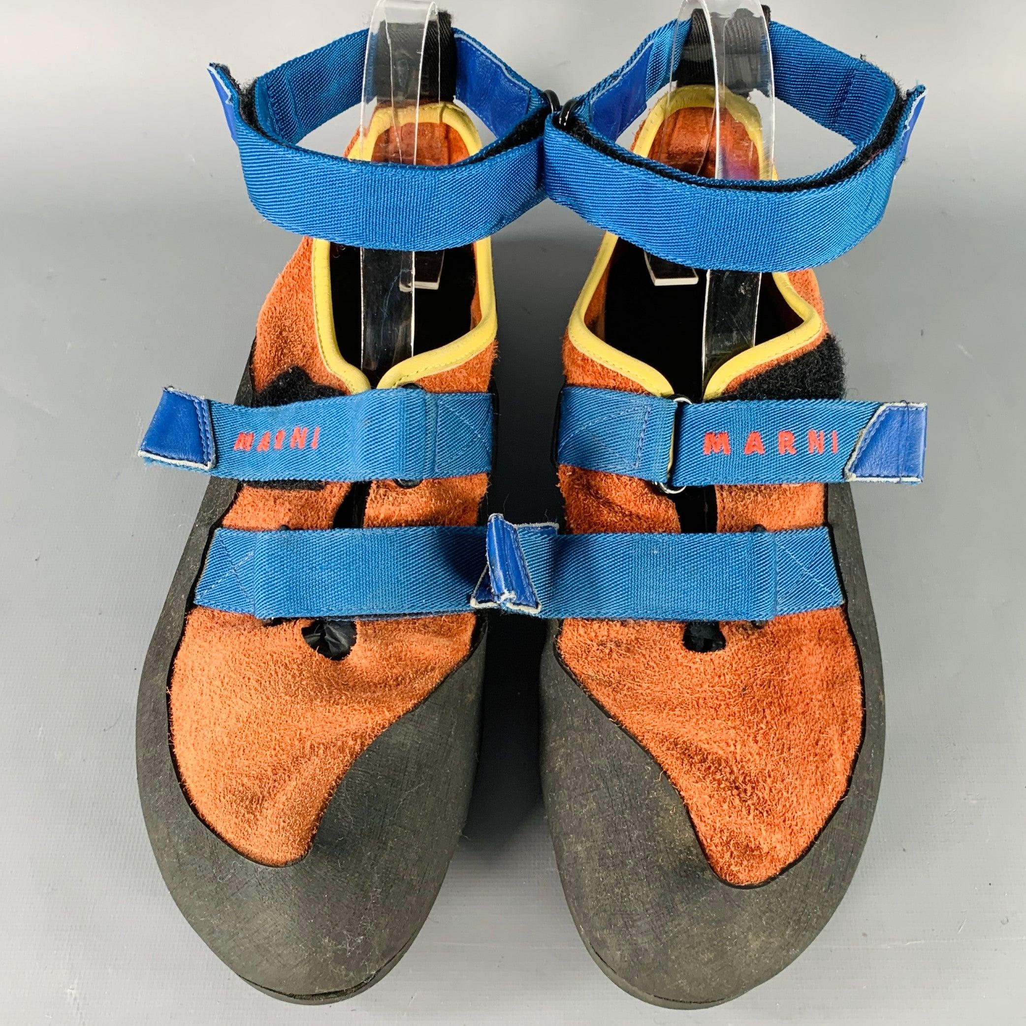 MARNI Größe 10 Schwarz Blau Orange Farbe Block Acetat Knöchelriemen Haken Schleife Sneakers Herren im Angebot