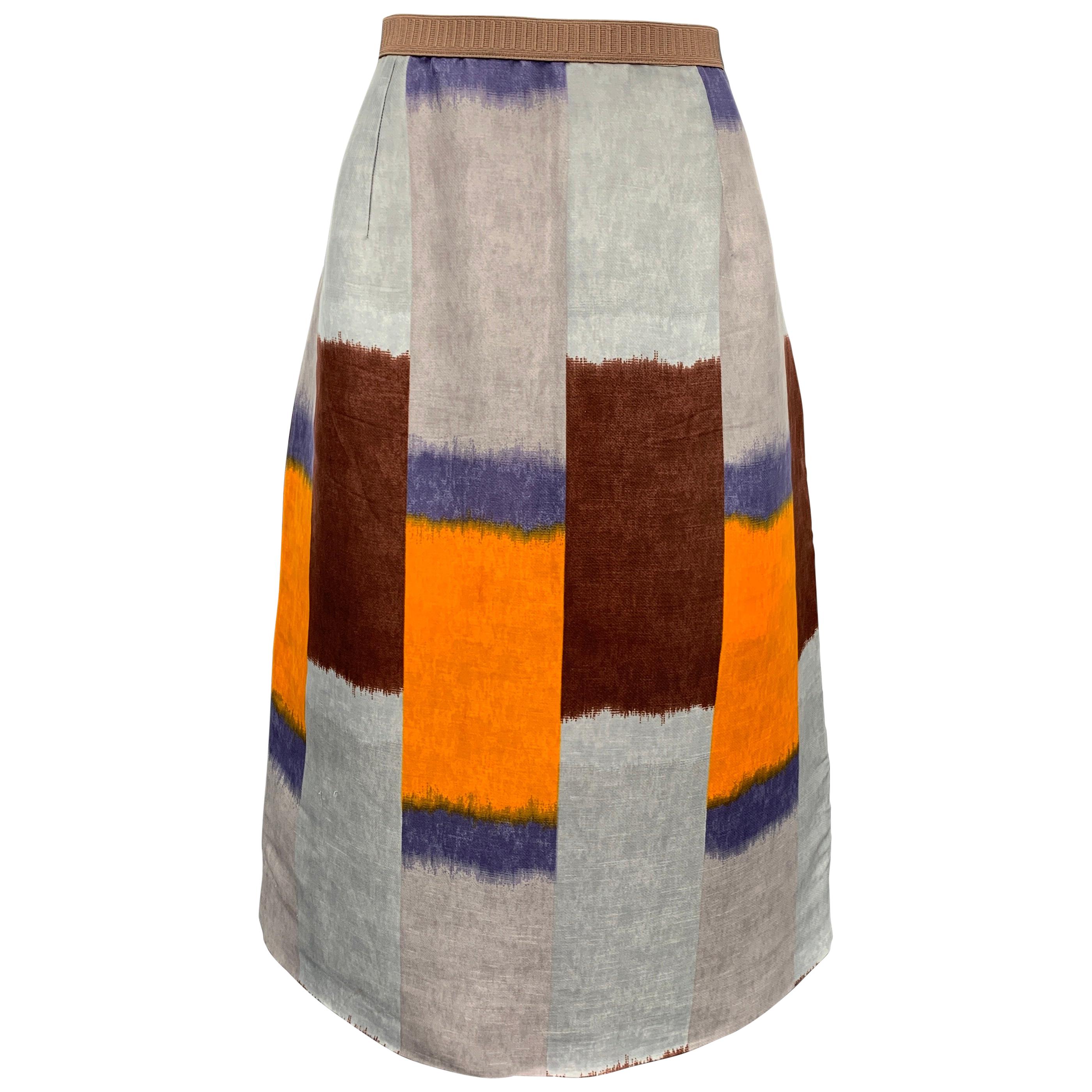 MARNI Size 10 Blue & Multi-Color Silk / Linen A-Line Skirt