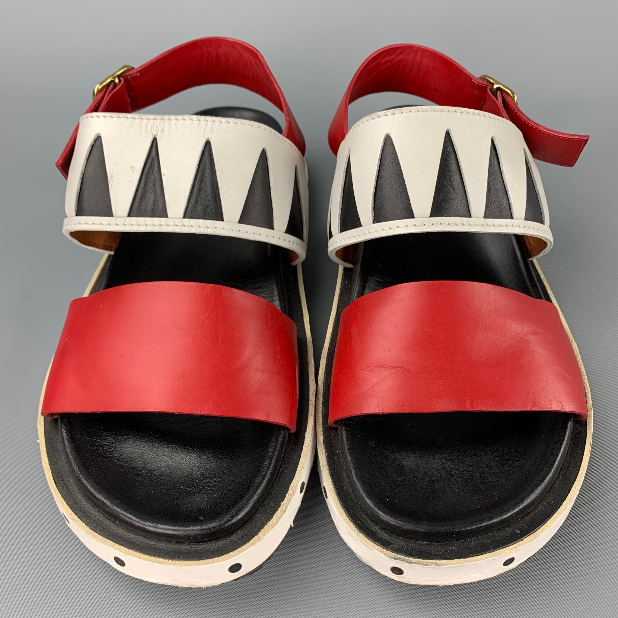 Beige MARNI Size 10 Red & White Leather Belted Sandals