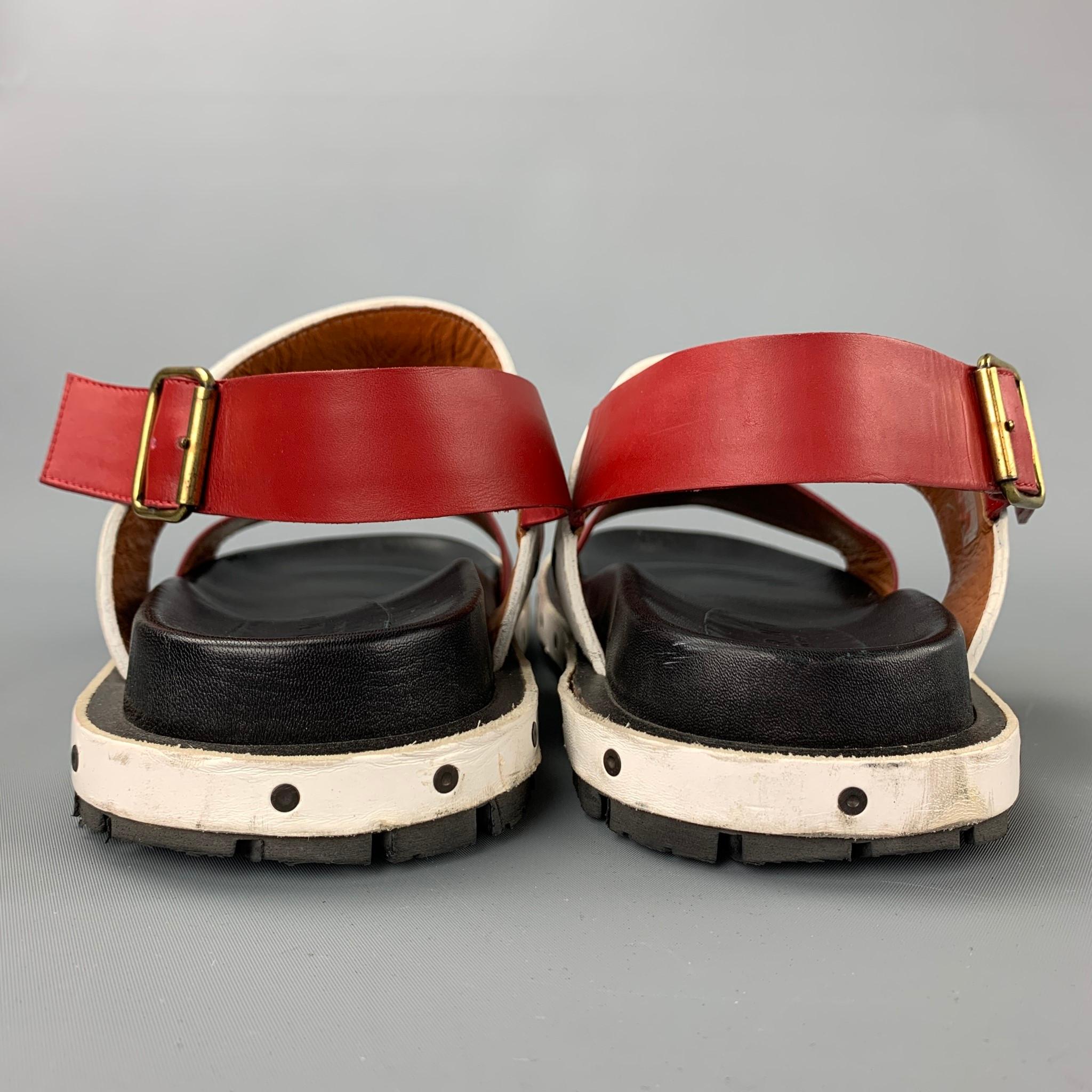 MARNI Size 10 Red & White Leather Belted Sandals In Good Condition In San Francisco, CA