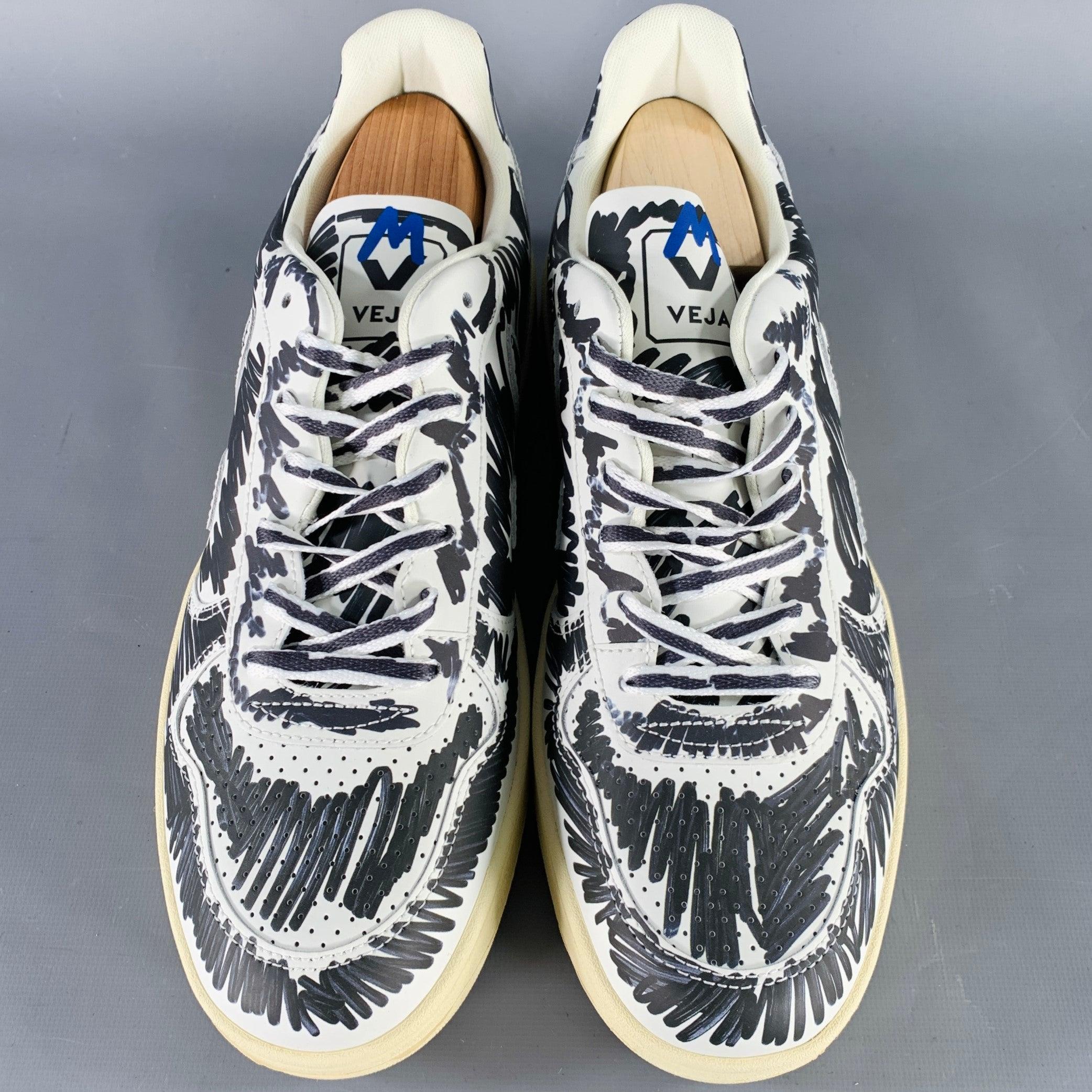MARNI Size 10.5 White Black Scribble Leather Low Top Sneakers In Good Condition For Sale In San Francisco, CA