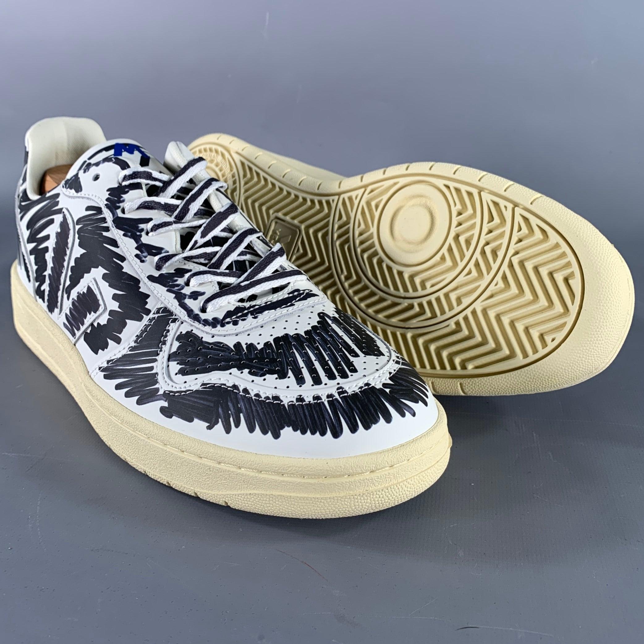 Men's MARNI Size 10.5 White Black Scribble Leather Low Top Sneakers For Sale